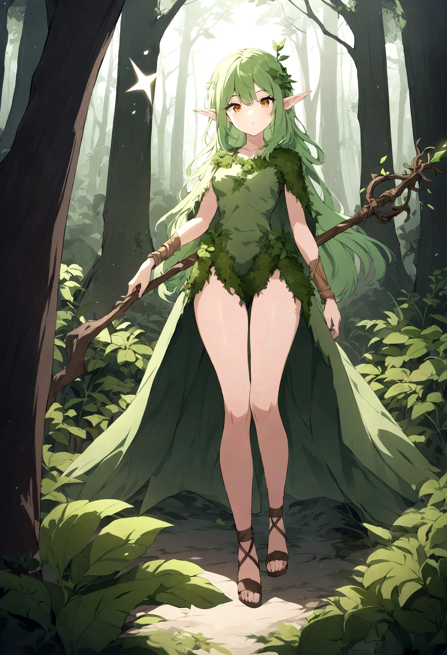 an elf woman, green hair, 26 years old, amber eyes, dressed in plant and moss clothing, a simple staff, forest setting, exuding great magic