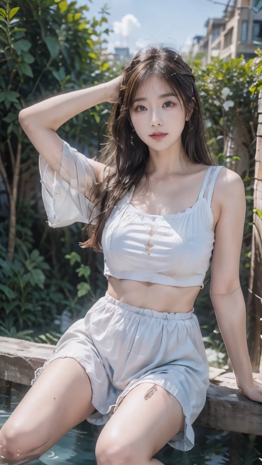 (Ultra HD, 8K, masterpiece: 1.3) ((long hair: 1.3)), korean woman, Depth of Field, Close your eyes,Fisheye lenses, Highest detail, from above, Night, (immerse yourself in water), Lie down, 렌즈방향은 from above 아래로, Long skirt, (Lie down: 1.3), look into the distance, Other books, in the woods, Deep Pond, Clean water, Dengue Hair, Ponytail