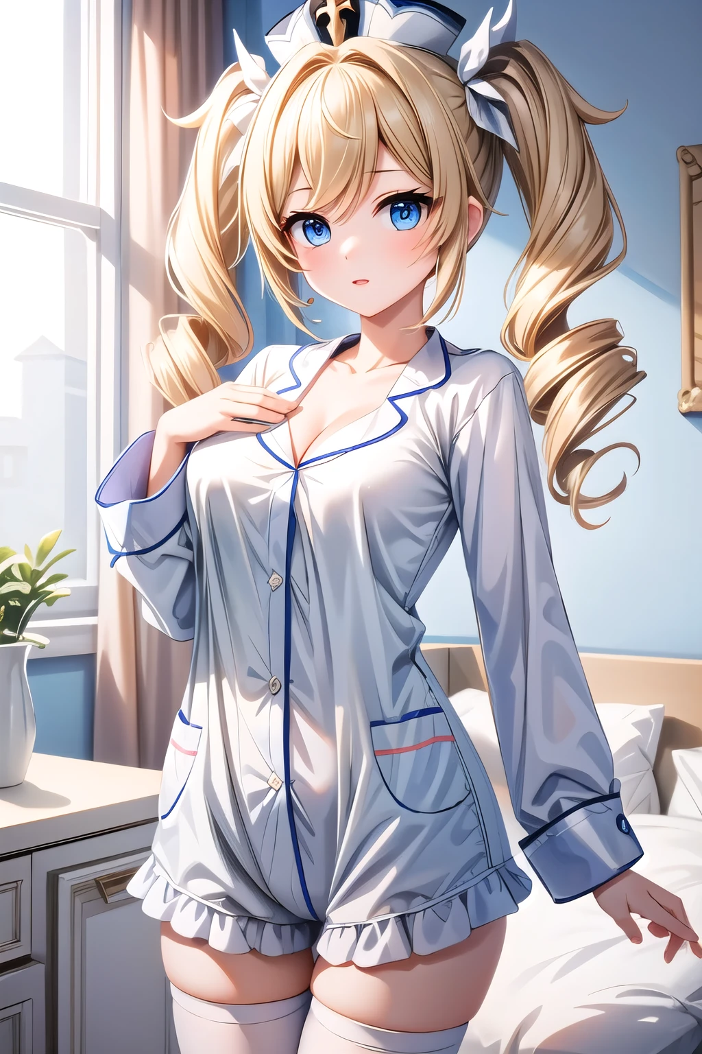 An incredibly beautiful young femme fatale-blonde with blue eyes, long golden hair, she is dressed in homemade pajamas, holding a small  in her arms.Realistic image. 