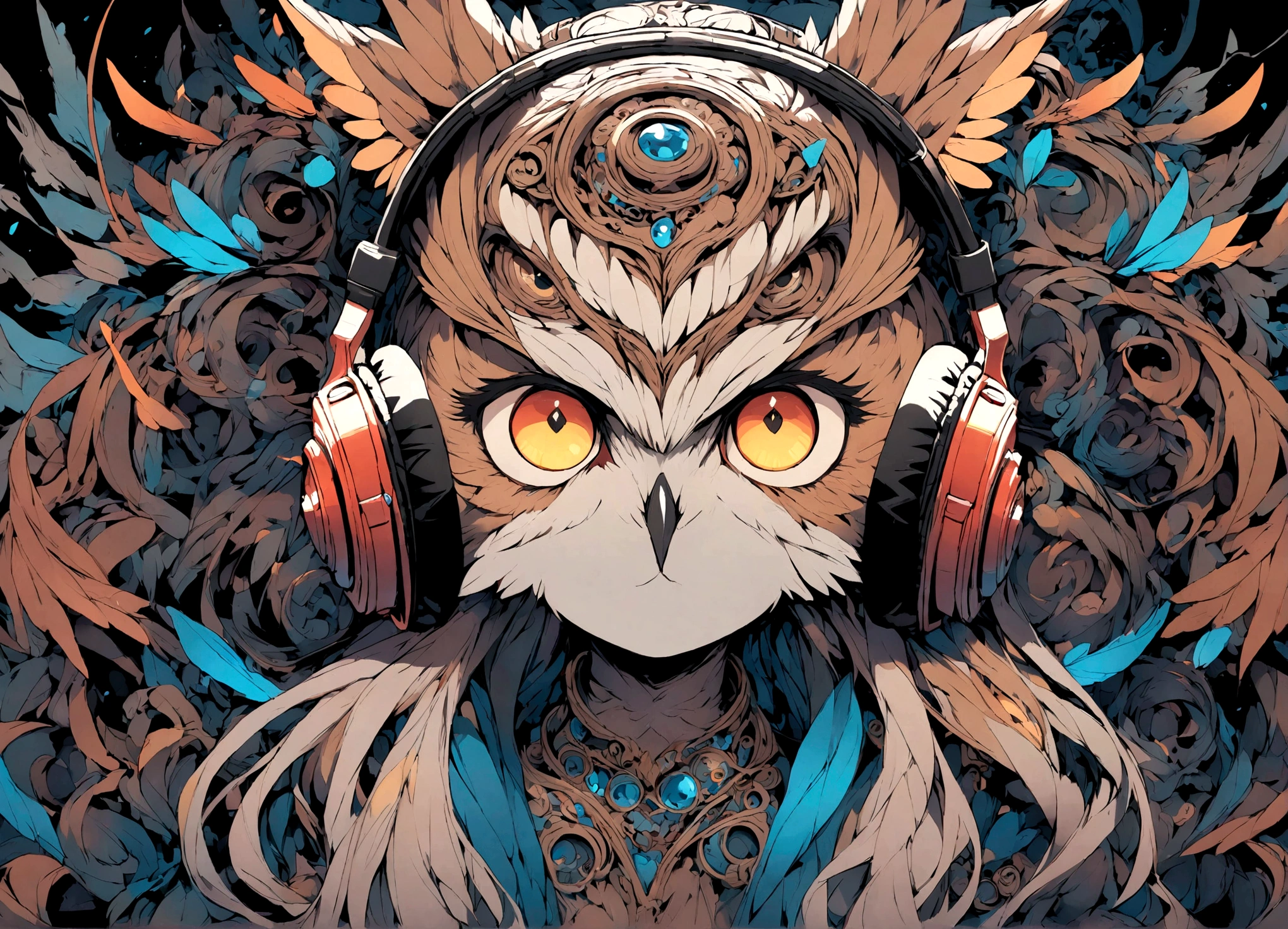 Owl listening to music through headphones