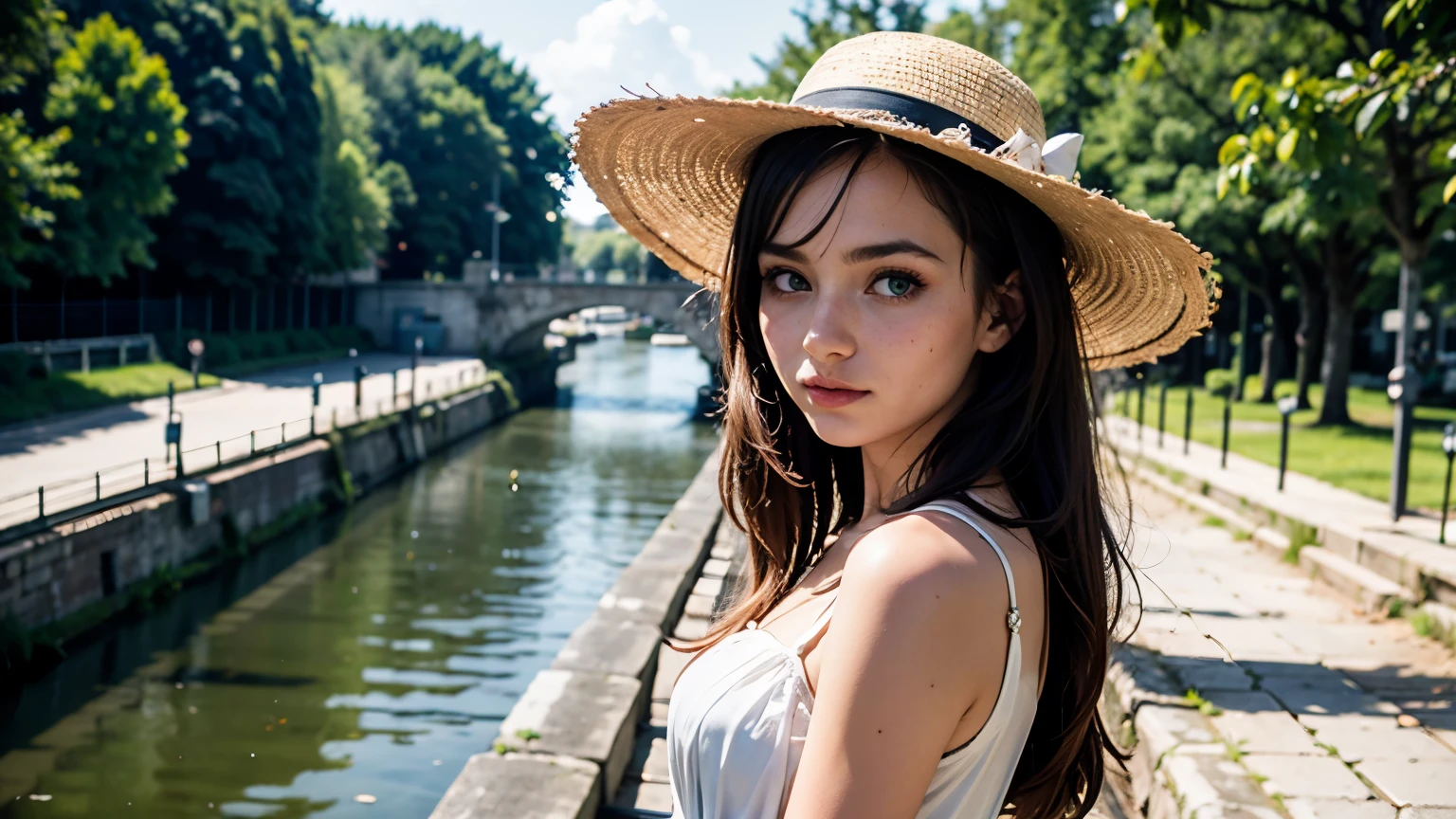 35mm film, solo, updo, makeup, blue eyes, , (white dress), green skirt, looking at viewer, epiCPhoto,focus on face, close to viewer, intricate lines,  canals, bridges, Sun hat, sharp magnificent details, delicate features, elaborate details, beautiful girl, black hair, (long hair) eighteen years old woman, ((upper body)) (Acne), ((natural lighting)) 