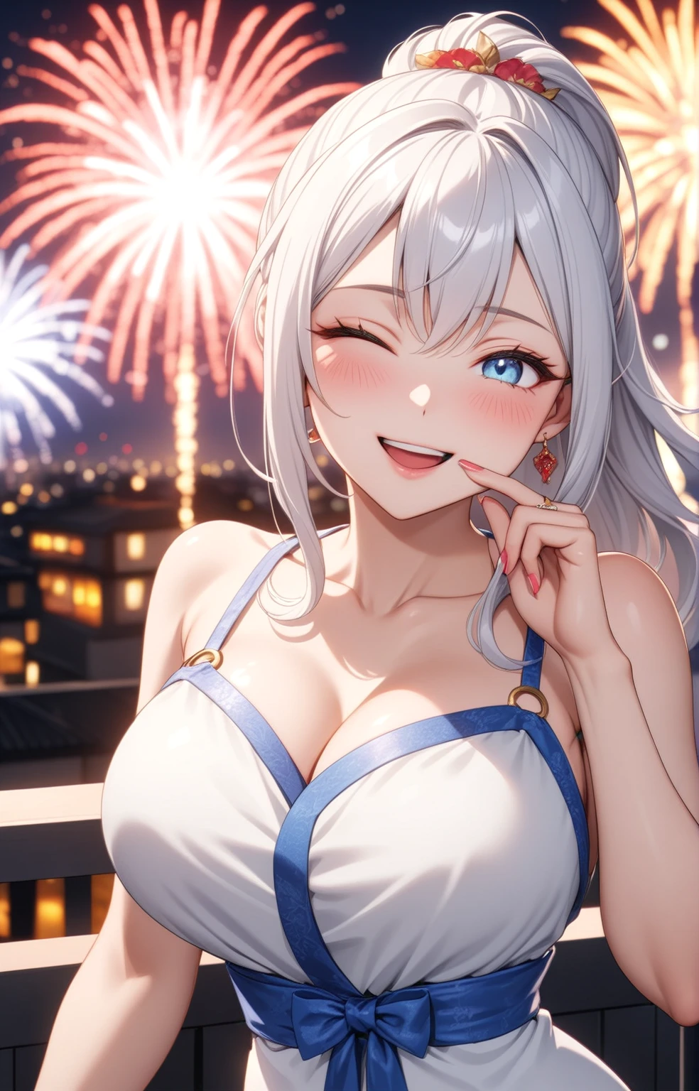 ((one personの女性)), Beautiful Face,Laughing embarrassedly,Laughing with your mouth open,((Wink:2.0)),(Bright red cheeks),Glossy pink lips,night,rooftop,firework,((Anime style background)),masterpiece, highest quality, so beautiful, Latest, Complex details, (Pink long nails),(ring),AI-generated, Complex,High resolution, highest quality, super high quality,3D Images、View your viewers、3D Images,one person,Long white hair,High Ponytail,blue eyes,Anime woman posing for a photo, ((Fine grain、Blue colorful eyes、Shining Eyes:1.3)),(Squint your eyes:1.1),a hyperRealistic , hyperRealistic , Realistic,Anime woman with long and white hair, Smooth anime CG art, A woman in a colorful kimono with gold embroidery, (White kimono),Red floral pattern,Long flower hair ornament,Big earrings,Mature Body,(Big Breasts:1.2),Tall,Big Ass,Fine details,Narrow waist,Abdominal muscles,(Face close-up:1.3),,(A woman clasping their hands in front of their mouth with a delighted expression),