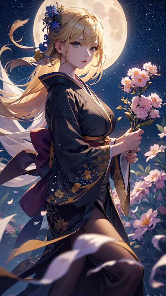 masterpiece, high quality, 4K, Beautiful design, silhouette，blonde， 非常に詳細な夜のStarry Sky,Flower Field， wonderful, Finer details,  Very knowledgeable woman, Highly detailed solo, 1 female,Big Breasts，kimono，Night view，Starry Sky，full moon，