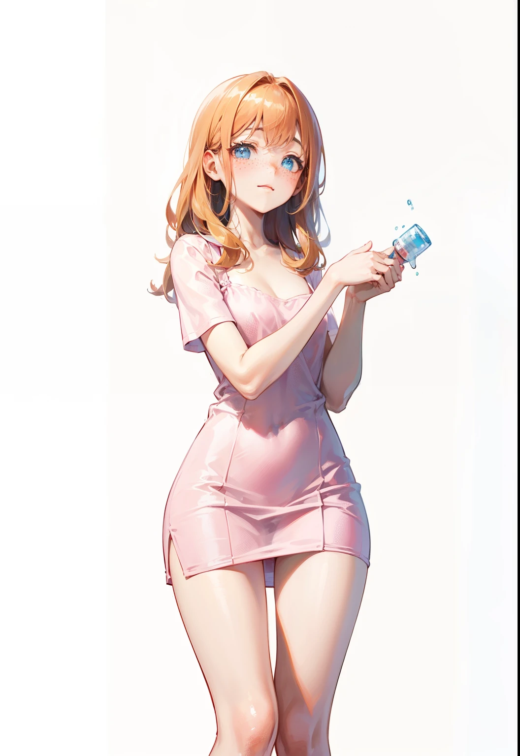 Dynamic posing, dynamic angle, Arrange pose,Top quality work,Show Legs, ((wavy hair, pale skin, long light ginger hair),((light blue eyes)), freckles, 16 years old, Rose cheeks, Pretty cute Face, A perfectly proportioned face,((cute pink mini dress)),full-body view, amazing, small round chest、Beautiful eye details、Beautiful eyelashes、beautiful double eyelid, with blush cheeks, shy and smille