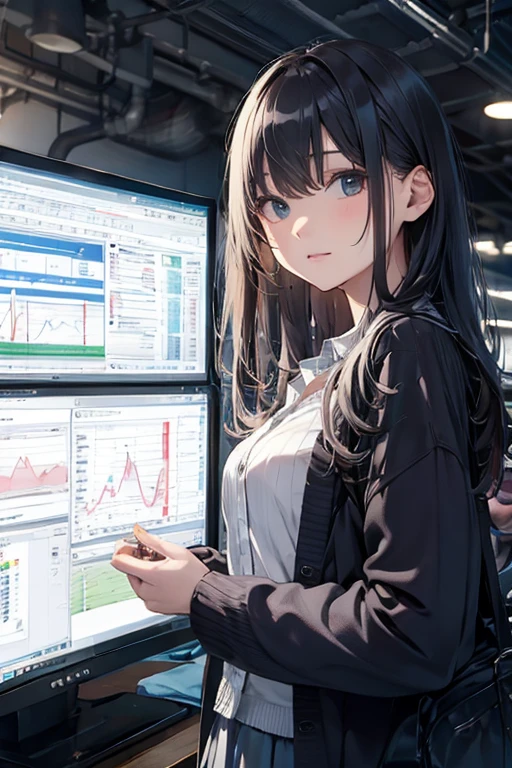 Highest quality、Beautiful Japanese female investor、22 years old、Gray ash long hair、A clean cardigan and white shirt、Long skirt、The background is an FX chart screen and a large Bitcoin、Ethereum。