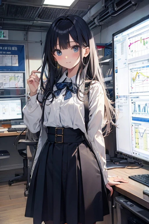 Highest quality、Beautiful Japanese female investor、22 years old、Gray ash long hair、A clean cardigan and white shirt、Long skirt、The background is an FX chart screen and a large Bitcoin、Ethereum。