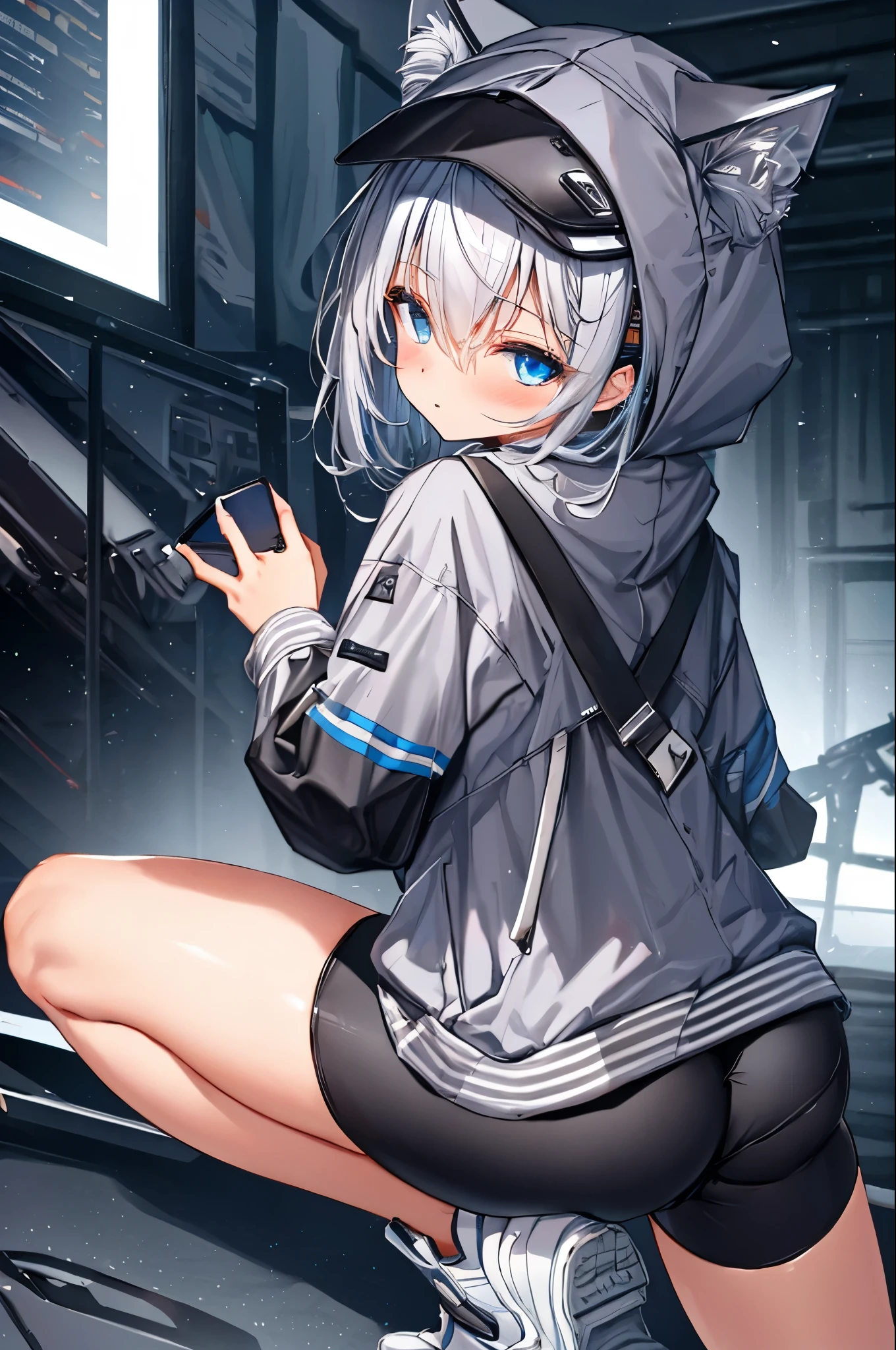 n102nikk,
hoodie, hood up, grey jacket,(bike shorts), blue eyes, white hair, ears throuhg headwear, visor cap, long sleeves, long hair,chibi,squatting,from behind,(ass focus),masterpiece,Noise Reduction,perfect anatomy,high resolution, ultra-detailed,game cg,dutch angle ,beautiful detailed eyes,visualart,five fingers, perfect hands, perfect lighting,