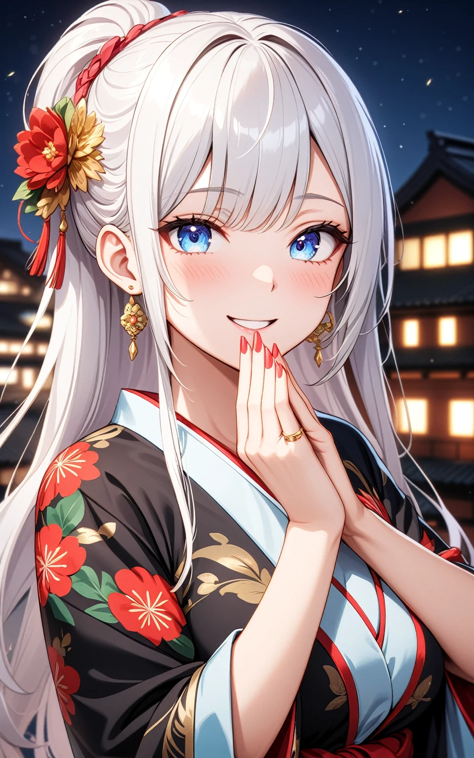 ((one personの女性)), Beautiful Face,Laughing embarrassedly,((Wink:2.0)),Laughing with your mouth open,((Bright red cheeks:1.3)),Glossy pink lips,night,rooftop,firework,((Anime style background)),masterpiece, highest quality, so beautiful, Latest, Complex details, (Pink long nails),(ring),AI-generated, Complex,High resolution, highest quality, super high quality,3D Images、View your viewers、3D Images,one person,Long white hair,High Ponytail,blue eyes,Anime woman posing for a photo, ((Fine grain、Light blue colorful eyes、Shining Eyes:1.3)),(Squint your eyes:1.1),a hyperRealistic , hyperRealistic , Realistic,Anime woman with long and white hair, Smooth anime CG art, A woman in a colorful kimono with gold embroidery, (Black kimono),Red floral pattern,Long flower hair ornament,Big earrings,Mature Body,(Big Breasts:1.1),Tall,Big Ass,Fine details,Narrow waist,(Face close-up:1.5),(Hide your mouth with both hands)