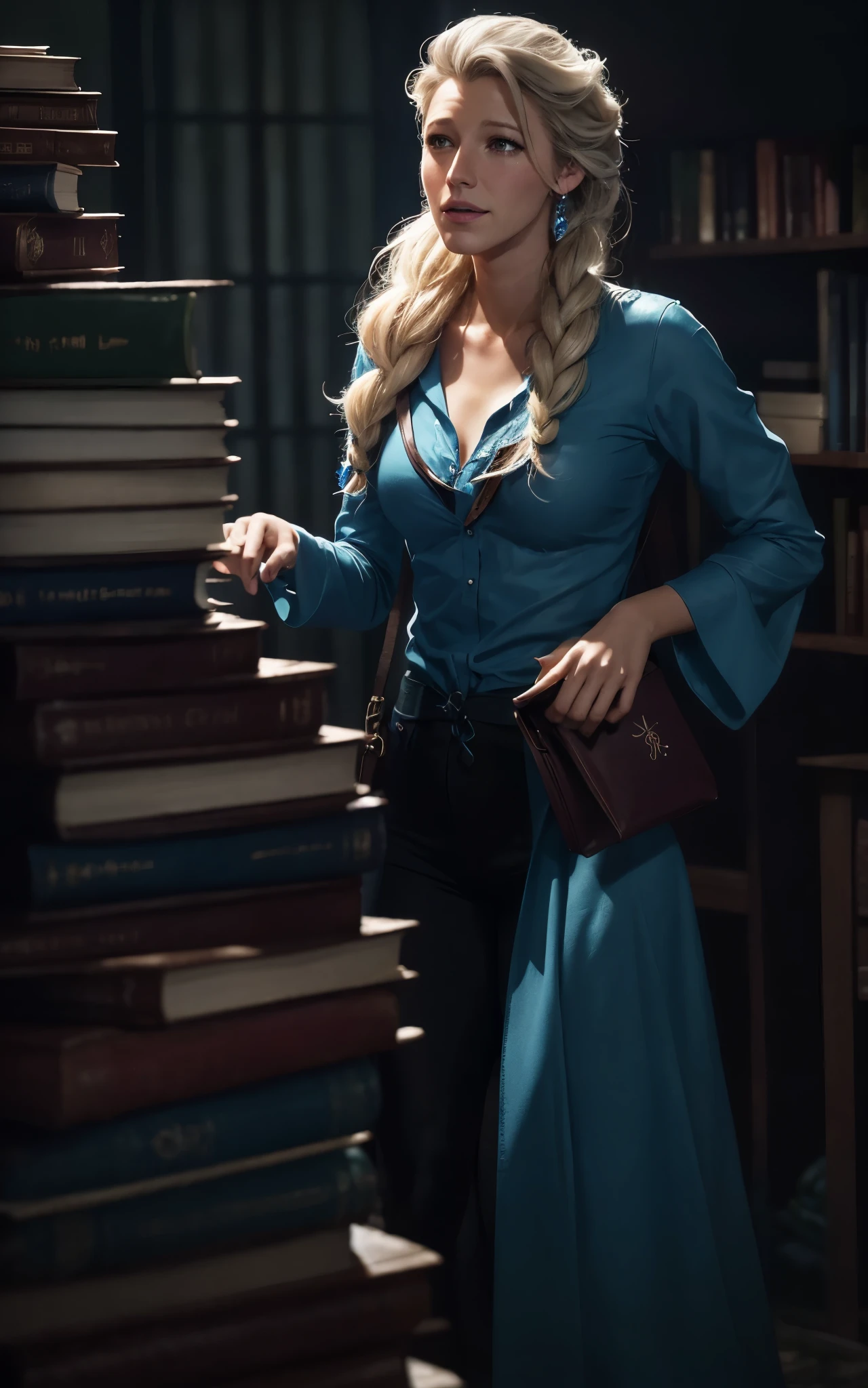 (Blake Lively:Elsa Pataky) is a librarian grabbing a book with strange symbols in the cover, (leather tote bag) . ((Blue shirt with white neck)) , Lovecraft atmosphere, 1920 style, masterpiece.