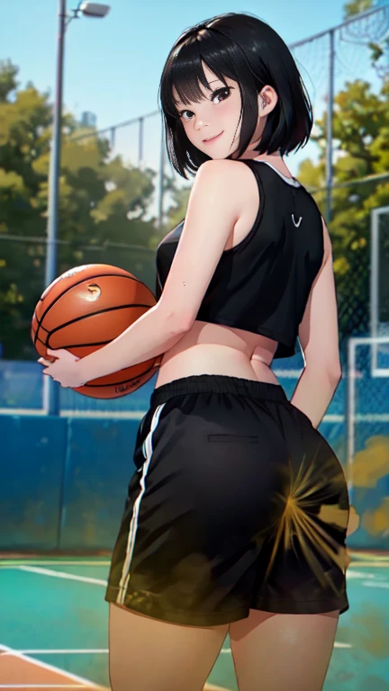 Masterpiece: 1.2, best quality), realistic, (real picture, rich details details, depth of field), (1girl, solo), makeup, cleft lip, high detail, perfect face shape, (big breasts: 1.4), (skindentation), thick thighs, wide buttocks, Thin waist, tall, coral, red lips, red eyes, ponytail, (((((basketball girl, transparent black basketball suit)))), (sweat: 1.2), (wet), sexy, blushing, sweaty