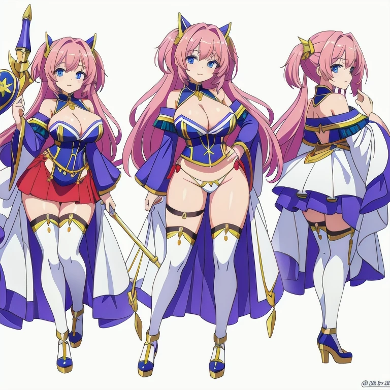 masterpiece, best quality, solo, milf, high fantasy outfits, ((white background)), full body, multiple views, thong, cleavage, holding weapon,