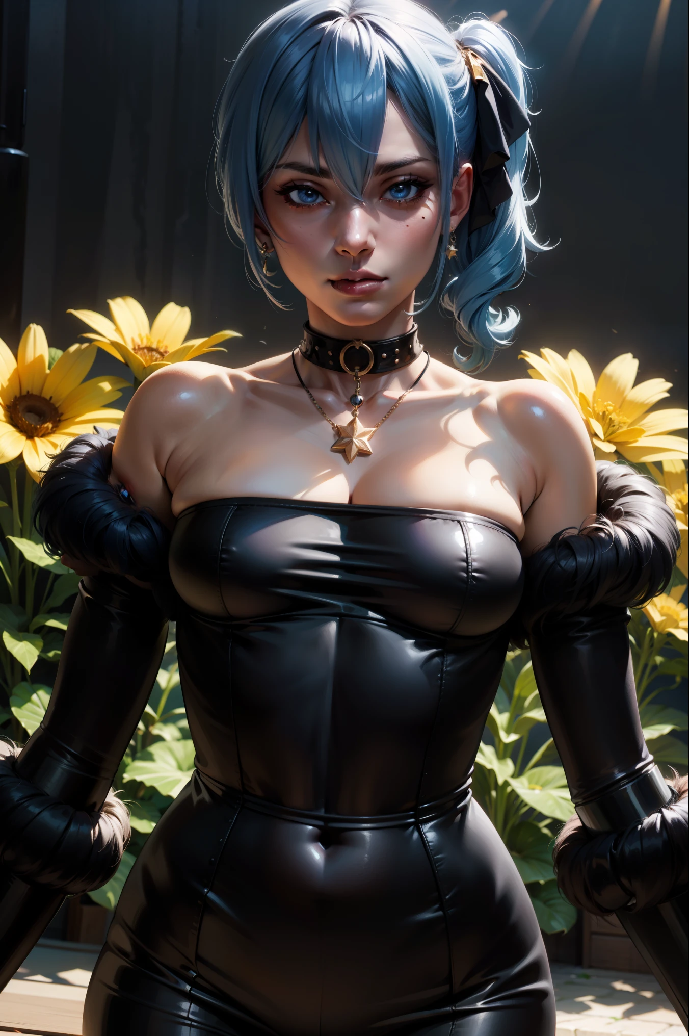 Hoshimachi Suisei,blue eyes,blue hair,choker,hair between eyes,medium hair,side ponytail,Star choker,(small breasts:1.2),
BREAK black dress, dress, fur coat, high collar, jewelry, necklace, off shoulder, taut clothes, taut dress,
BREAK (((vibrant background of outside, flowers, bright lighting, summer, sunlight))), flat chested, looking at viewer, ((head:1, hips, elbows, arms, in view)),
BREAK (masterpiece:1.2), best quality, high resolution, unity 8k wallpaper, (illustration:0.8), (beautiful detailed eyes:1.6), extremely detailed face, perfect lighting, extremely detailed CG, (perfect hands, perfect anatomy),