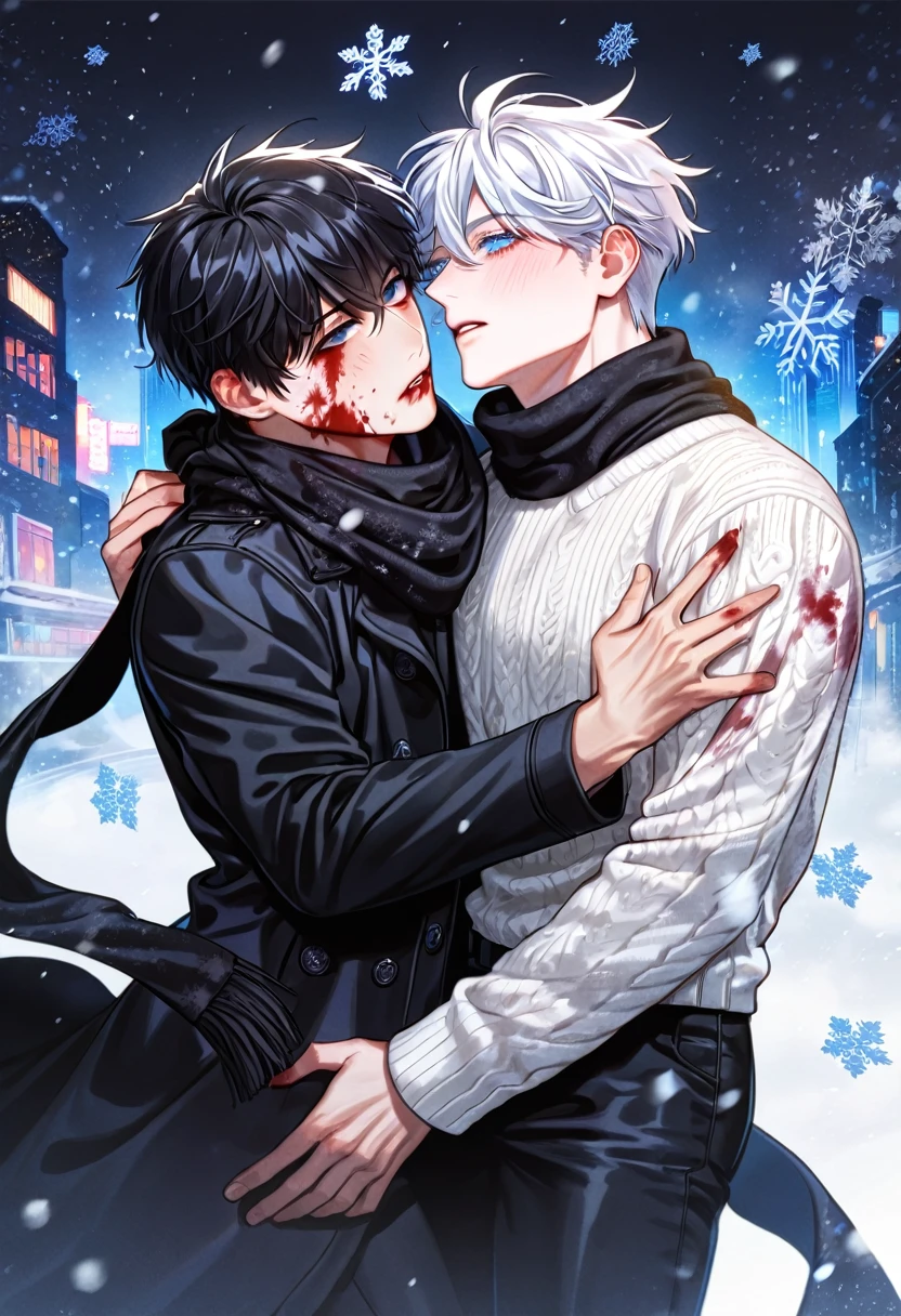 absurdres, highres, ultra detailed, HDR, master piece, best quality, extremely detailed face, delicated features, Kang Woojin, black messy hair, expressive dark blue eyes, Love Jinx, Gojou Satoru, white hair, expressive blue eyes, two sexy men together covered in blood, gay couple, yaoi, handsome, black pants, black coat, white sweater, black scarf, fantasy, snowing, winter, snowflakes, apocalyptic, city, horror