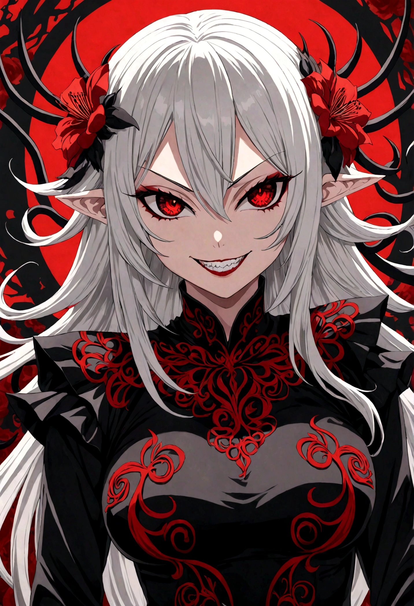 playful anime girl with white hair and dark grey and red strands in her hair striking a playful pose with an evil grin on her face, blood blossoms as accessories in her hair, evil grin on her face, shiny dark red eyes, dark grey tendrils with bloodred blossoms in the background, evil look, best anime characterdesin, high resolution, 8K fantasy artwork