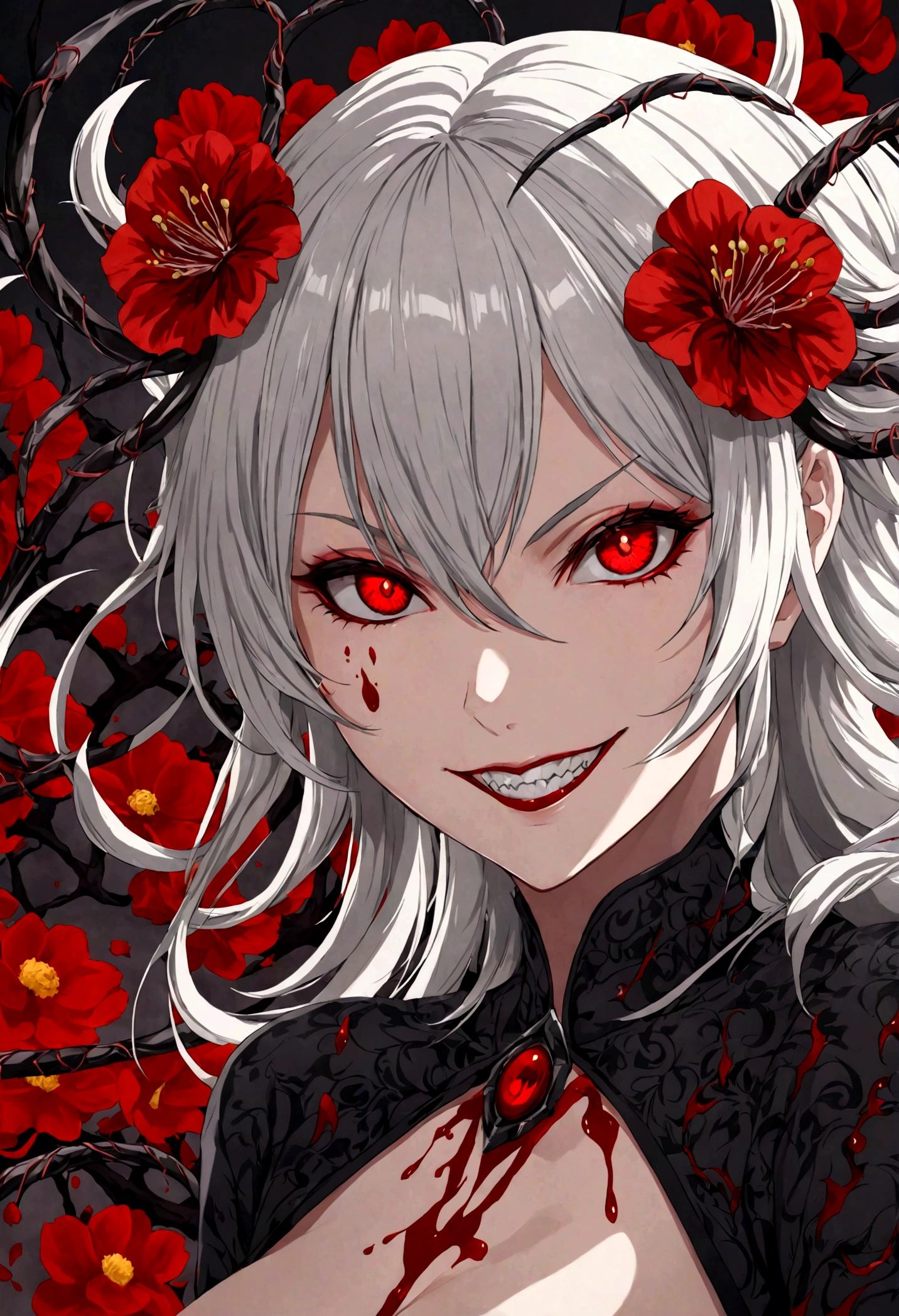 playful anime girl with white hair and dark grey and red strands in her hair striking a playful pose with an evil grin on her face, blood blossoms as accessories in her hair, evil grin on her face, shiny dark red eyes, dark grey tendrils with bloodred blossoms in the background, evil look, best anime characterdesin, high resolution, 8K fantasy artwork