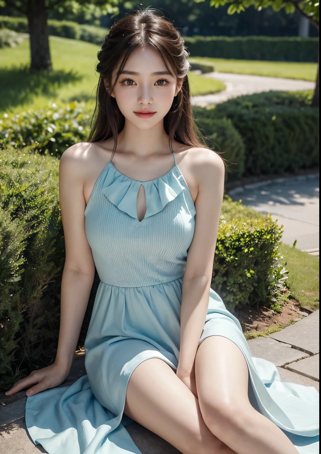 A beautiful young Korean girl, , lay down beside a highway road in a park, wearing an above-knee length elegant seafoam dress, cute and sweet, photorealistic, 8k, ultra-detailed, masterpiece, gorgeous colors, natural lighting, serene landscape, cinematic composition, detailed facial features, long lashes, rosy cheeks, porcelain skin, delicate features, warm smile, graceful pose, flowing dress, lush foliage, winding path, blue sky, wispy clouds, beautiful face, realistic face, realistic skin, realistic smile, realistic atmosphere, every thing is realistic, cutest smile, realistic body, realistic body language, mouth watering beauty, cute face, stylish look, stylish angles, tempting eyes, realistic hands, realistic arms, realistic hand fingers, realistic legs, bright skin, perfect body figure, round youngest breasts, beautiful soft smooth thighs, bright skin, bright body, hot figure, Slender,