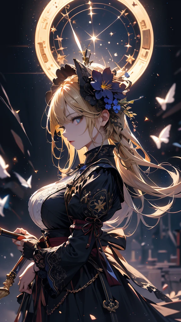 masterpiece, high quality, 4K, Beautiful design, silhouette,blonde, 非常に詳細な夜のStarry Sky,Flower Field, wonderful, Finer details, Very knowledgeable woman, Highly detailed solo, 1 female,Big Breasts,Gothic Lolita Fashion,Night view,Starry Sky,full moon,