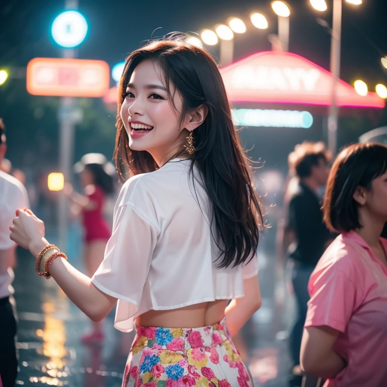 Prompt : preety asian woman dancing in the rain at outdoor nightclub laughing joyfully. open air club here is full of people dancing around her, amid colorful lights and bokeh effects, photo realistic, cinematic, movie still, summer vibes, captured in the style of Sony Alpha A7 III camera --ar 2:3 --s 500 --v 6.0