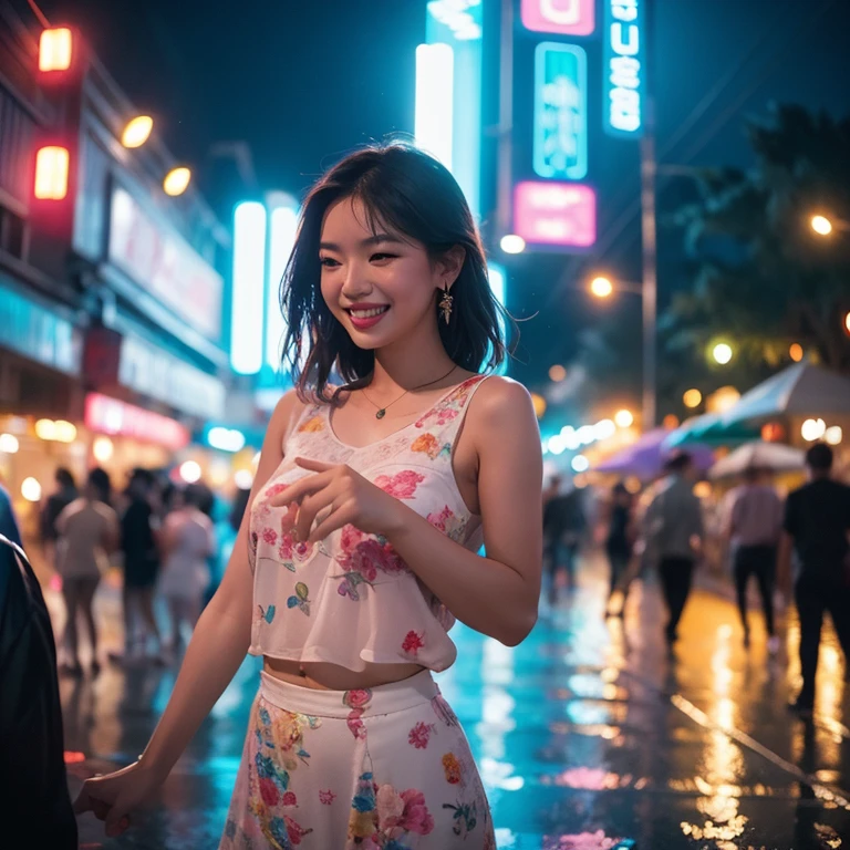 Prompt : preety asian woman dancing in the rain at outdoor nightclub laughing joyfully. open air club here is full of people dancing around her, amid colorful lights and bokeh effects, photo realistic, cinematic, movie still, summer vibes, captured in the style of Sony Alpha A7 III camera --ar 2:3 --s 500 --v 6.0