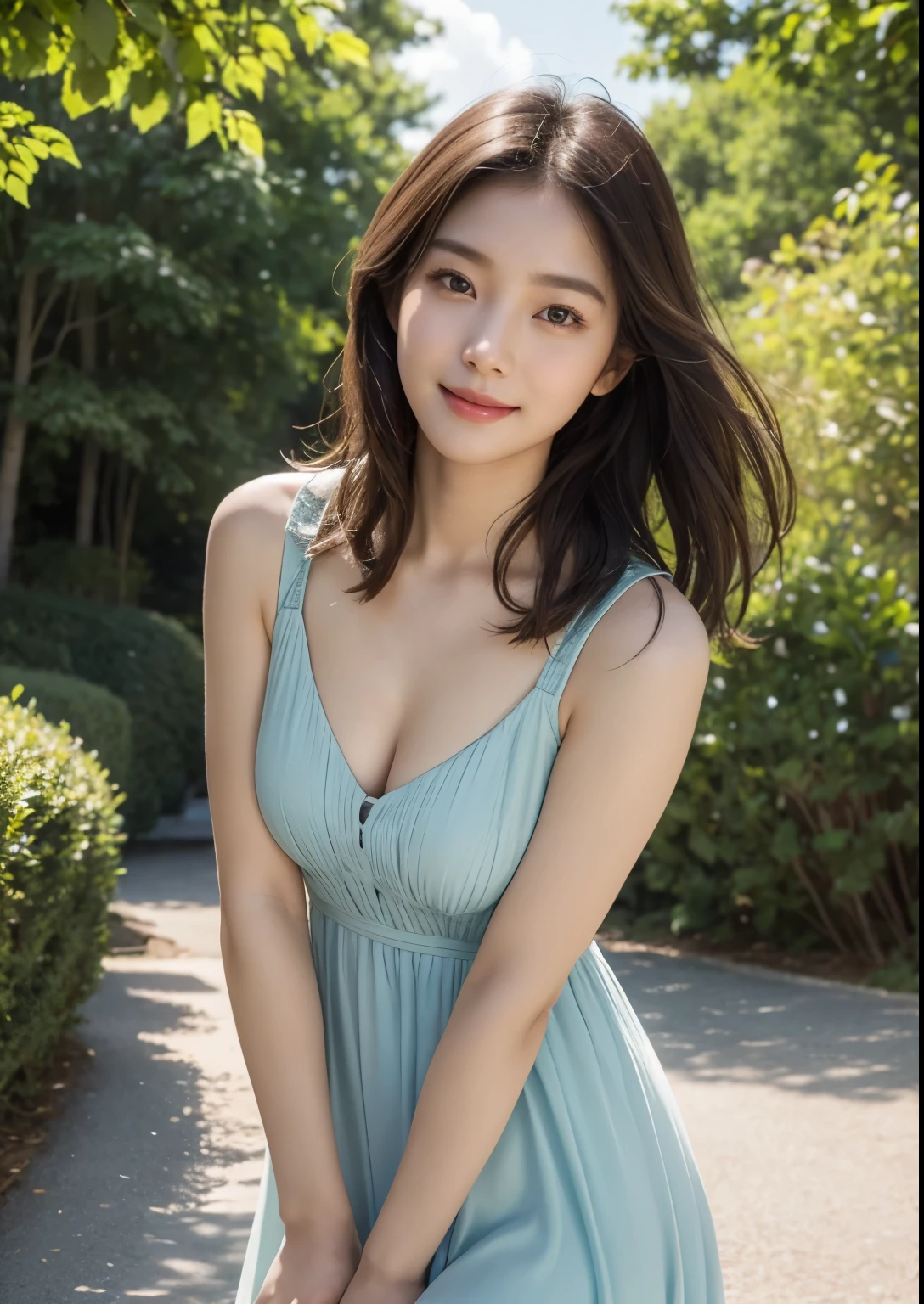 A beautiful young Korean girl, , standing beside a highway road in a park, wearing an above-knee length elegant seafoam dress, cute and sweet, photorealistic, 8k, ultra-detailed, masterpiece, gorgeous colors, natural lighting, serene landscape, cinematic composition, detailed facial features, long lashes, rosy cheeks, porcelain skin, delicate features, warm smile, graceful pose, flowing dress, lush foliage, winding path, blue sky, wispy clouds, beautiful face, realistic face, realistic skin, realistic smile, realistic atmosphere, every thing is realistic, cutest smile, realistic body, realistic body language, mouth watering beauty, cute face, stylish look, stylish angles, tempting eyes, realistic hands, realistic arms, realistic hand fingers, realistic legs, bright skin, perfect body figure, round youngest breasts,