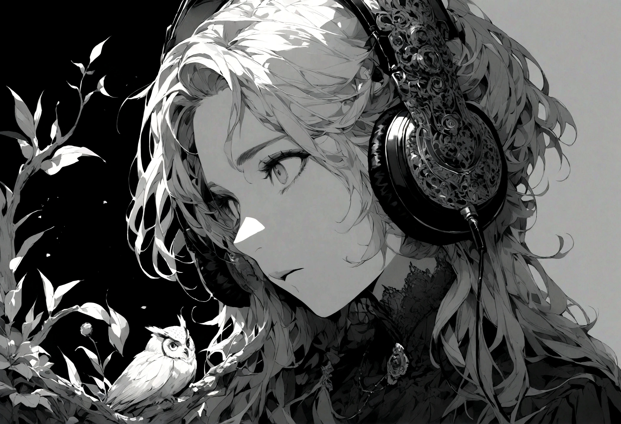 Owl listening to music through headphones