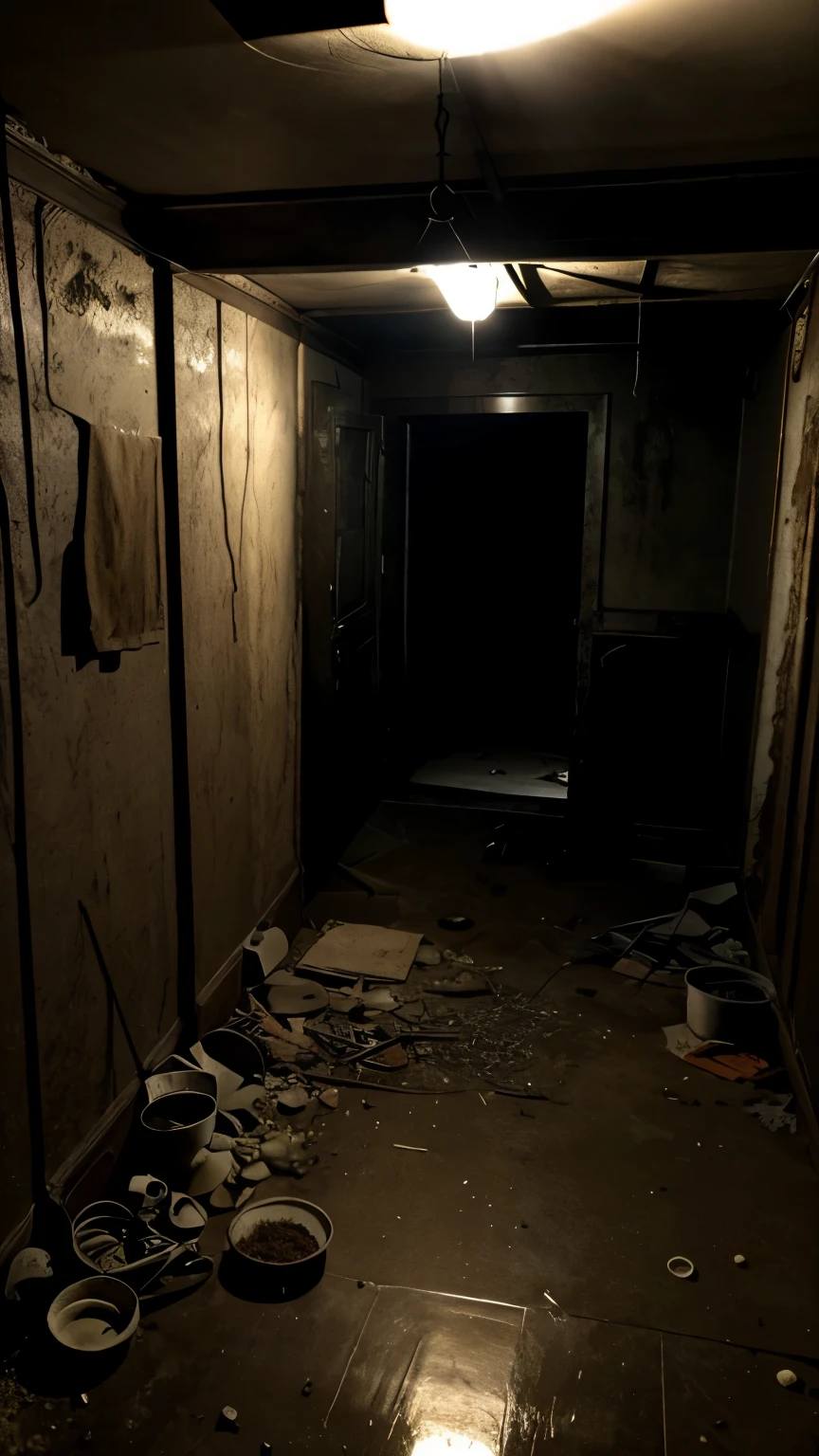 A basement of a haunted house its full of dust and web , horror atmosphere