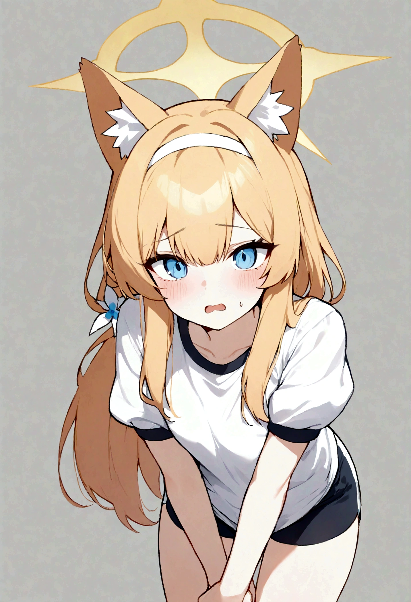 1girl,absurdres,animal_ears,black_shorts,blue_archive,blue_eyes,clothes_pull,commentary,feishi,flower,fox_ears,grey_background,gym_uniform,hair_flower,hair_ornament,hairband,halo,hand_on_own_thigh,hand_up,highres,leaning_forward,long_hair,looking_at_viewer,mari_(blue_archive),mari_(track)_(blue_archive),official_alternate_costume,open_mouth,orange_hair,puffy_short_sleeves,puffy_sleeves,shirt,shirt_pull,short_sleeves,shorts,simple_background,solo,white_hairband,white_shirt,yellow_halo, best quality, masterpiece, nai3,