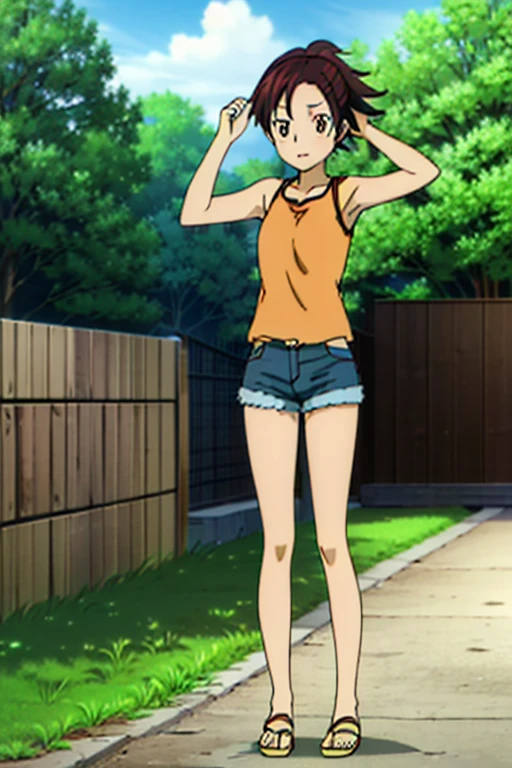 1girl, Haru Miura, Reborn, dark gray brown hair, orange eye, light Blue Jeans, Shorts,Orange Tank Top, full body, park, Sunny,Sunshine, light, Fantasy, Sandal,