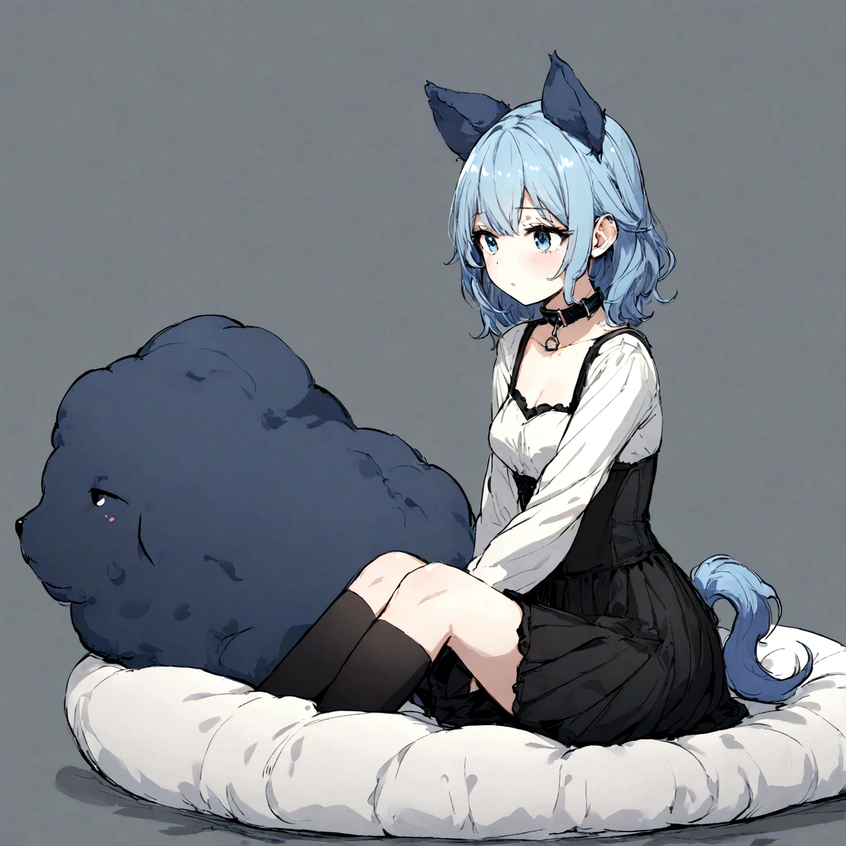 a sexy female with long blue hair, has forward flopping fuzzy puppy ears, has a puppy tail, wearing a black corset, wearing a black mini skirt, has a dark blue dog collar on, wearing cute thigh high socks, relaxing on knees, solo, alone, (SOLO)ALONE), no dogs, single girl, on knees, on a dog bed