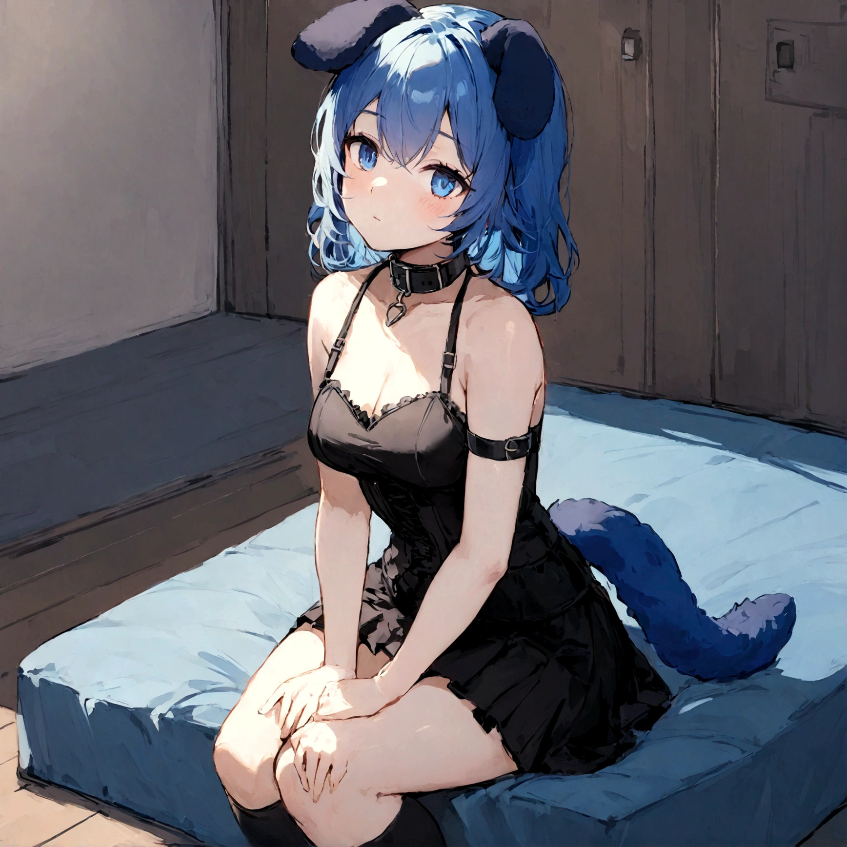 a y female with long blue hair, has forward flopping fuzzy puppy ears, has a puppy tail, wearing a black corset, wearing a black mini skirt, has a dark blue dog collar on, wearing cute thigh high socks, relaxing on knees, solo, alone, (SOLO)ALONE), no dogs, single girl, on knees, on a dog bed