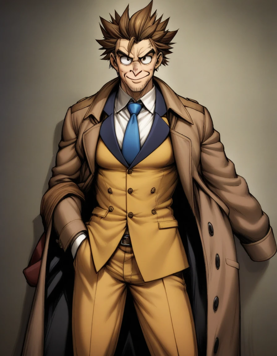 1man, goofy mature detective, muscular, boned nose, wavy slicked back spiked hair, yellow_brown hair, BREAK shihaku, brown eyes, dandy, virile, stubble, square shaped, large eyes, ugly, rough skin, solo, upperlegs, white collared_shirt, blue necktie, trench_coat, dark worn-out suit, cute smile, standing, in eroge style, visual novel, 2000s, masterpiece, best quality