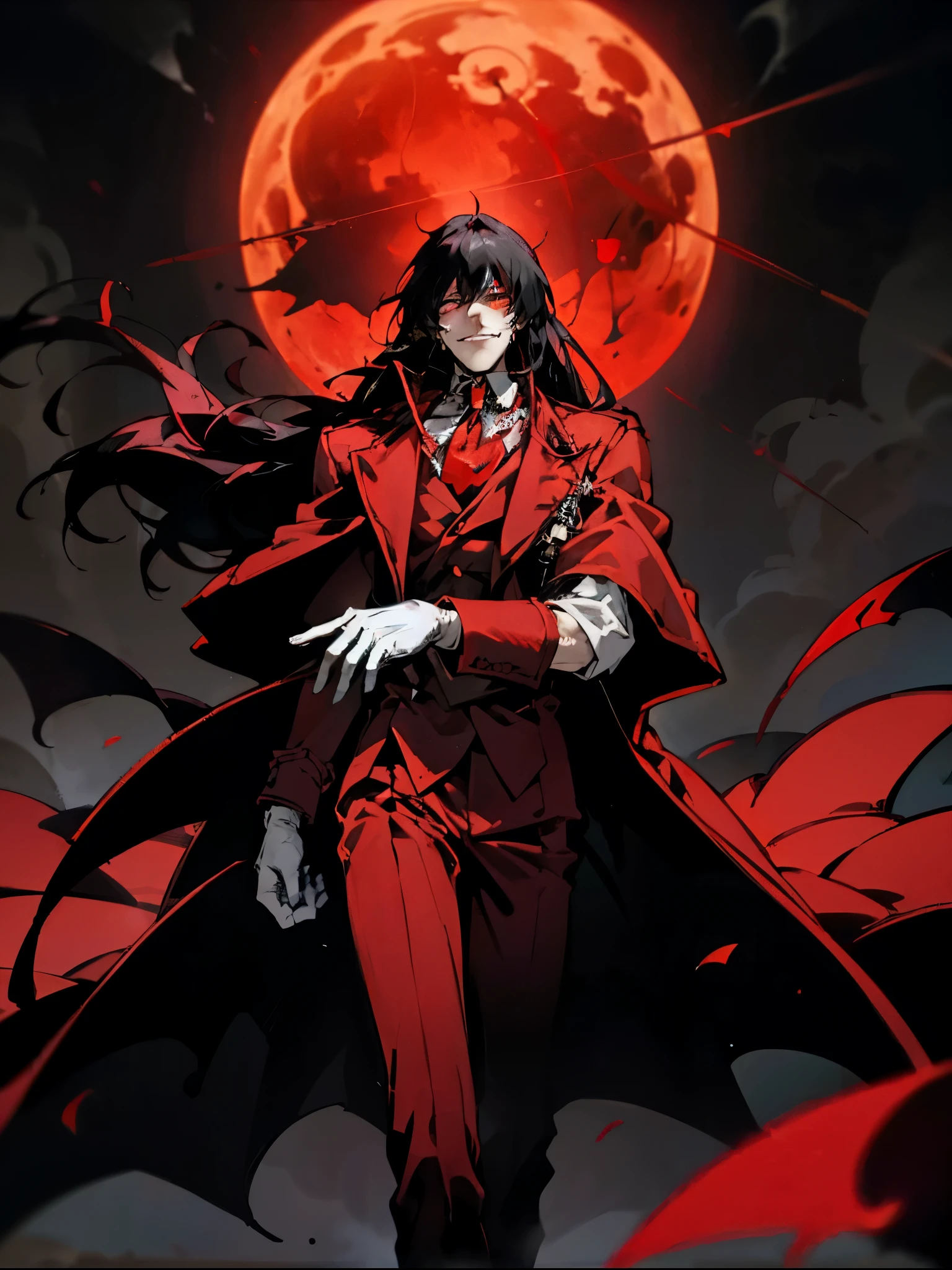 Alucard, protagonist of "Hellsing", standing in a gloomy setting.  He wears his iconic red outfit, with a long crimson coat fluttering in the wind.  In each of his hands, he holds his distinctive engraved pistols, the Jackal and the Casull.  His white gloves, adorned with pentagrams, add a ritualistic air.  His crimson eyes shine with malice and his cynical smile reveals his fangs.  The dark and oppressive environment intensifies his aura of terror, showing Alucard ready to unleash his vampiric fury on any adversary.