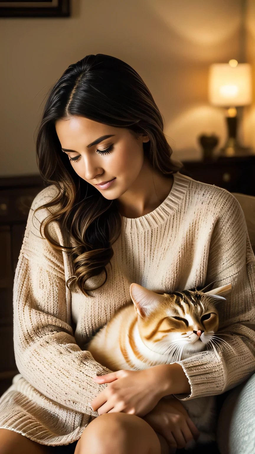 a beautiful young woman in her 20s, stroking her sleeping cat on her lap, realistic, photorealistic, 8k, high quality, extremely detailed, intricate details, perfect lighting, warm colors, soft lighting, cozy atmosphere, natural skin tones, detailed facial features, gorgeous eyes, delicate hands, flowing hair, comfortable clothing, domestic setting, peaceful, serene, magical, whimsical