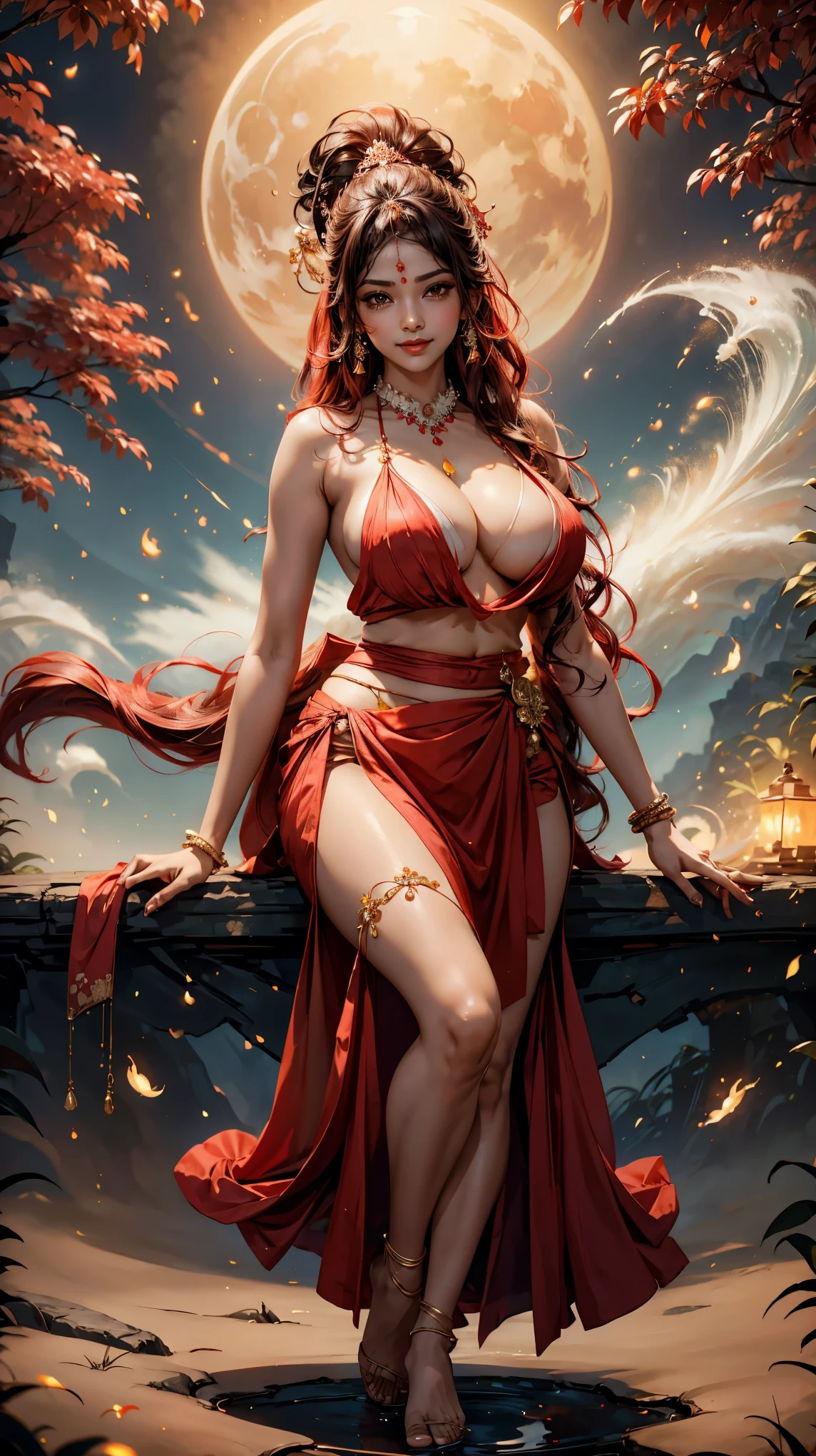 a indian woman in a red skirt posing for a picture, smiley face smile on face, huge breasts, cleavage, hot body curves, sarong, white sarong, beautiful indian woman, classy yukata clothing, wearing a red cheongsam, glamorous and sexy geisha, very long wavy fiery red hair, dress, posing