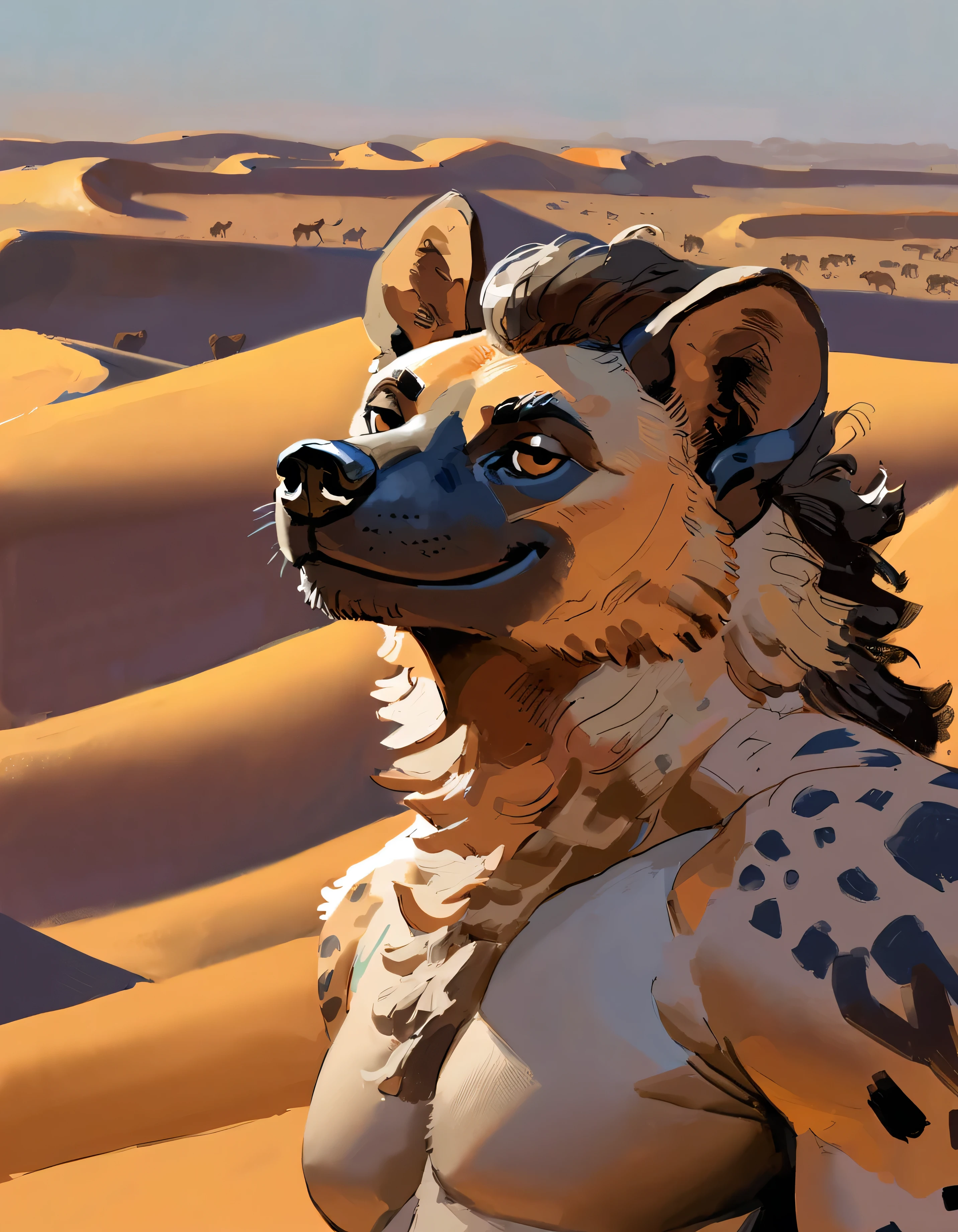 (striped hyena), (solo), male, anthro, (by seyorrol), (tail:1.3), (perfect hands), ((smug expression)), ((intricate detailed background, sahara desert background, dusk)), powerful silhouette, mysterious shadows), realistic shading, (epic, masterpiece, high quality, 8k, ultra HD, absurd res, top quality, best quality, max quality, masterpiece), ((thick fur, gray fur, beefy)), striped hyena tail, correct anatomy:1.2, ((mature male)), sexy, (stalking, looking at viewer), ((long black flaccid hyena penis), ((black hyena penis)), penis leaking precum, (balls), thick penis),