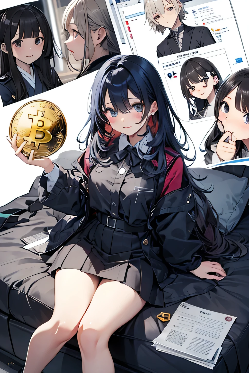 Nsfw, A full-body illustration of an erotic and beautiful Japanese woman who became a cryptocurrency billionaire、18-year-old、Hair color is amber、Ecstatic expression、Lying down。 The world of cryptocurrencies、A scene where virtual currency is bright and shining、Wearing a uniform、mini skirt、The background is an FX chart.、Big Bitcoin、Dynamism and sparkle in illustrations like those on Pixiv。