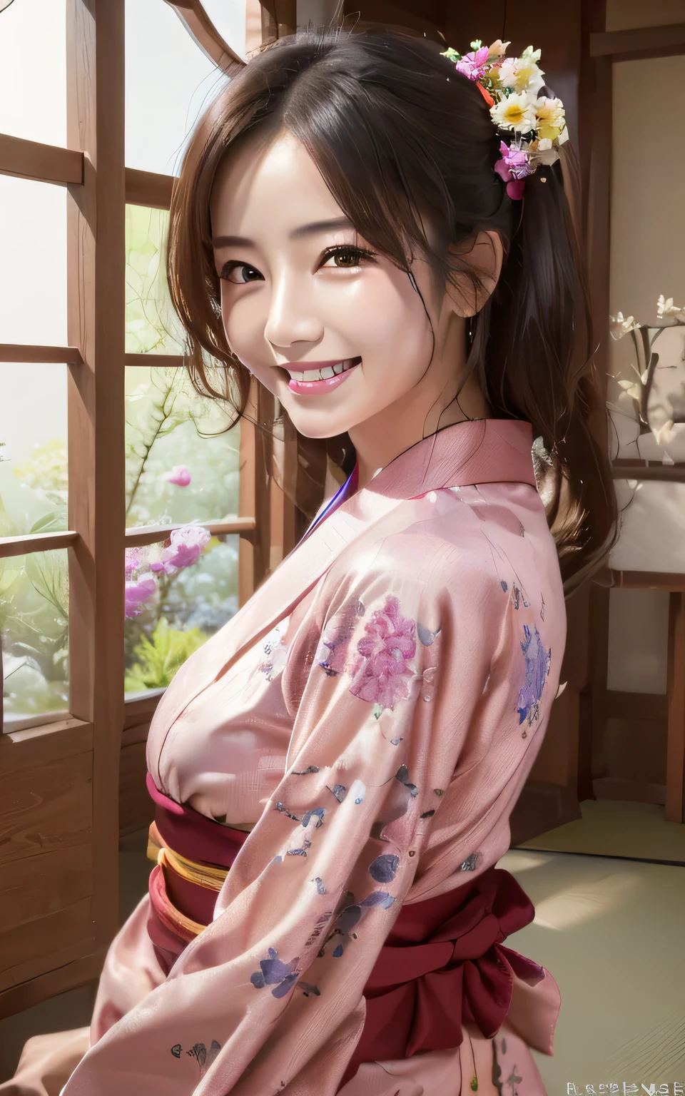 ((highest quality、Tabletop、8k、Best image quality、SFW))、(Bright and vivid:1.3)、(1 photo:1.3)、The best smile you ever had when you saw me、Perfect Anatomy、Perfect Fingers、Perfect hands、celebratory flowers、Japanese woman in her 20s