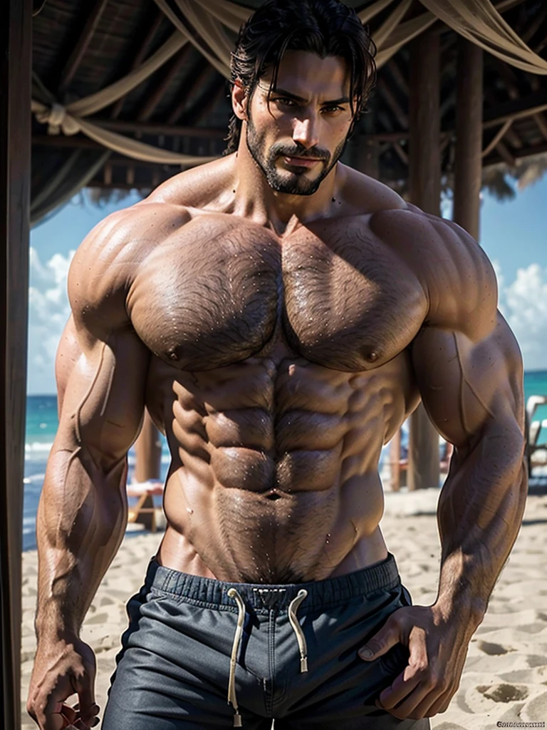 Joe Manganiello, hairy body, underdressing, bare-chested, there is a large erect bulge in the beach underwear, muscular giant, 3 meters tall bodybuilder, flexing, massive biceps, oversized biceps are 240 inches, with long oversized arms, bulging muscles, prominent veins, broad shoulders, beefy build, hefty, muscle swelling, very hot male, beefy pecs, hairy chest, six-pack ABS, hairy abdomen, hairy groin, manly, handsome male, wide jawline, full of muscles veins, stare straight, much testosterone, shaved beard, tough guy, small gold necklace, shy smile, hyper realistic style, erotic, ultra hd, realistic, vivid colors, highly detailed, UHD drawing, pen and ink, perfect composition, beautiful detailed intricate insanely detailed octane render trending on artstation, 8k artistic photography, photorealistic concept art, soft natural volumetric cinematic perfect light.