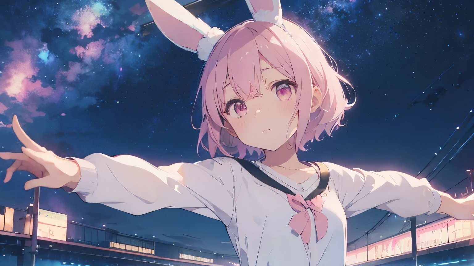 night,Starry sky,highest quality, pretty girl, pastel colour, Fluffy bunny ears, Pink short bob,Pale pink eyes,Stretch your arms out to the sky