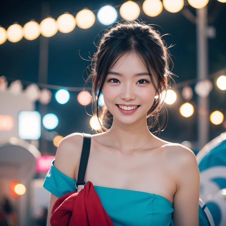 preety asian woman at laundry servive factory laughing joyfully. full of washing machines  around her, amid colorful lights and bokeh effects, photo realistic, cinematic, movie still, summer vibes, captured in the style of Sony Alpha A7 III camera --ar 2:3 --s 500 --v 6.0
