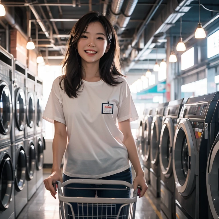 preety asian woman at laundry servive factory laughing joyfully. full of washing machines around her, amid colorful lights and bokeh effects, photo realistic, cinematic, movie still, summer vibes, captured in the style of Sony Alpha A7 III camera --ar 2:3 --s 500 --v 6.0
