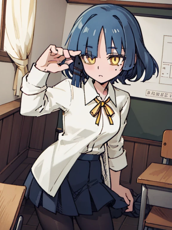 ryouyamada, ryou yamada, blue hair, Eyes through hair, mole, mole under eye, Short hair, (yellow eyes:1.3), hairpin,
break black pantyhose, black ribbon, blue skirt, 갈색 shoes, loafers, long sleeves, pantyhose, ribbon, , shimokitazawa high , shirt, shoes, skirt, white shirt,
break indoors, classroom,
break looking at viewer, (cowboy shot:1.5),
break (masterpiece:1.2), best quality, high resolution, unity 8k wallpaper, (illustration:0.8), (beautiful detailed eyes:1.6), very detailed face, perfect lighting, Highly detailed CG, (perfect hands, complete anatomy),