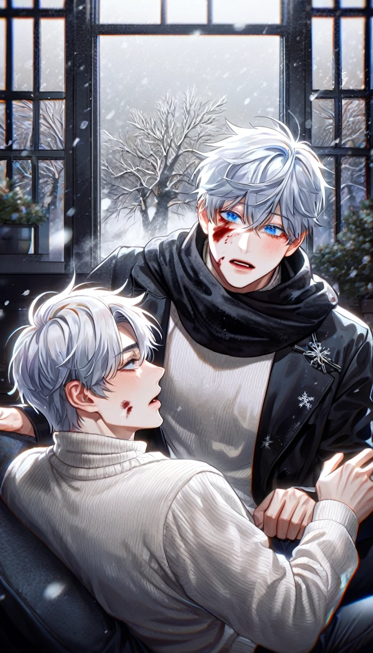 absurdres, highres, ultra detailed, HDR, master piece, best quality, extremely detailed face, delicated features, Kang Woojin, black messy hair, expressive dark blue eyes, Love Jinx, Gojou Satoru, white hair, expressive blue eyes, two sexy men sitting together covered in blood, gay couple, yaoi, handsome, black pants, black coat, white sweater, black scarf, fantasy, snowing, winter, snowflakes, apocalyptic, horror, clothes stained with blood, window