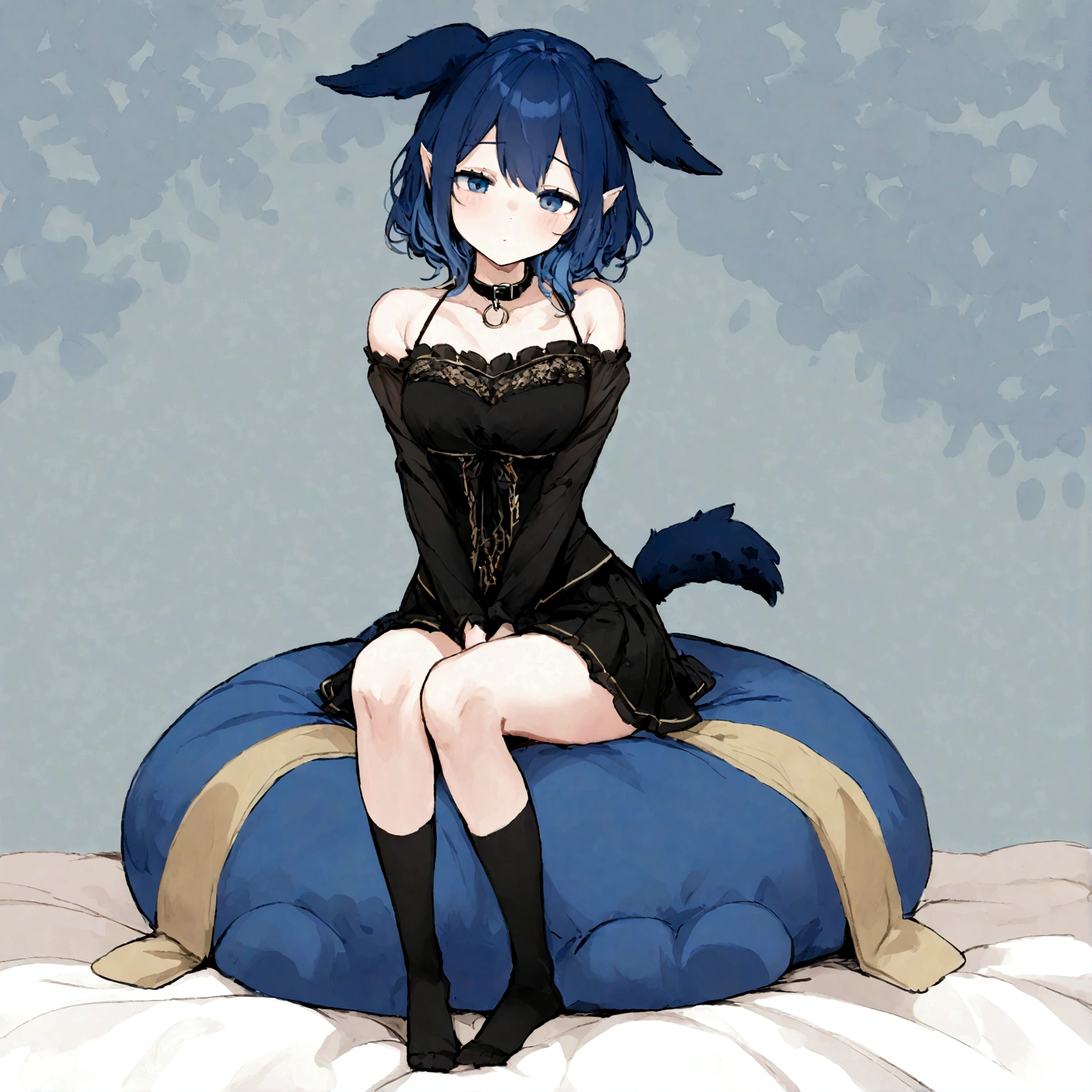 a sexy female with long blue hair, has forward flopping fuzzy puppy ears, has a puppy tail, wearing a black corset, wearing a black mini skirt, has a dark blue dog collar on, wearing cute thigh high socks, relaxing on knees, solo, alone, (SOLO)ALONE), no dogs, single girl, on knees, on a dog bed