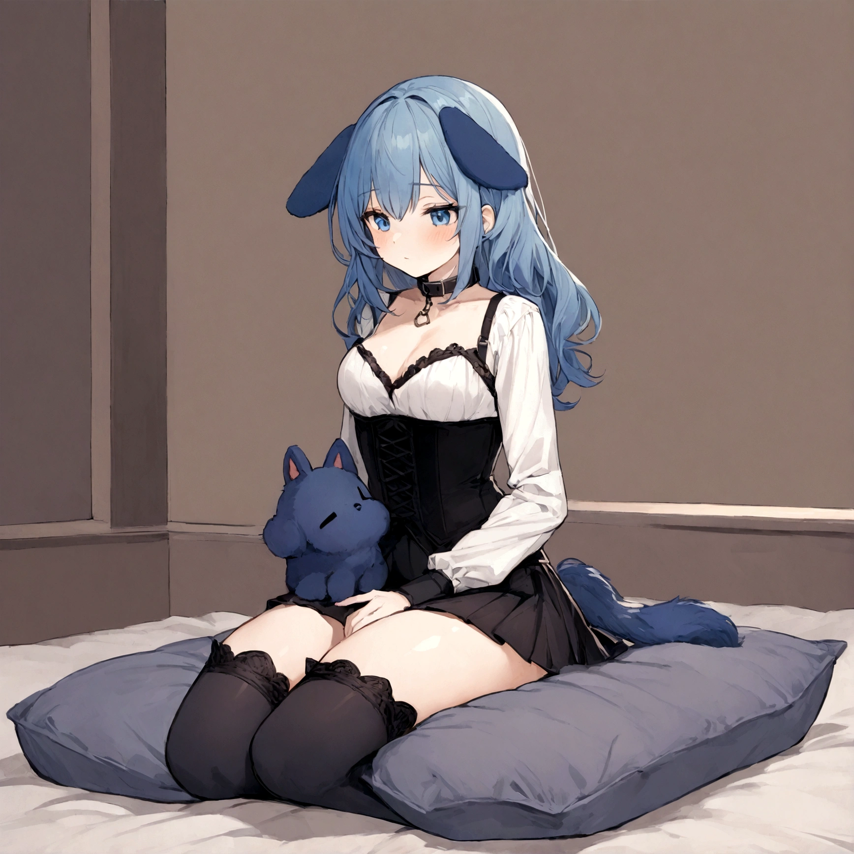 a sexy female with long blue hair, has fuzzy floppy puppy ears, has a puppy tail, wearing a black corset, wearing a black mini skirt, has a dark blue dog collar on, wearing cute thigh high socks, relaxing on knees, solo, alone, (SOLO)ALONE), no dogs, single girl, on knees, on a dog bed