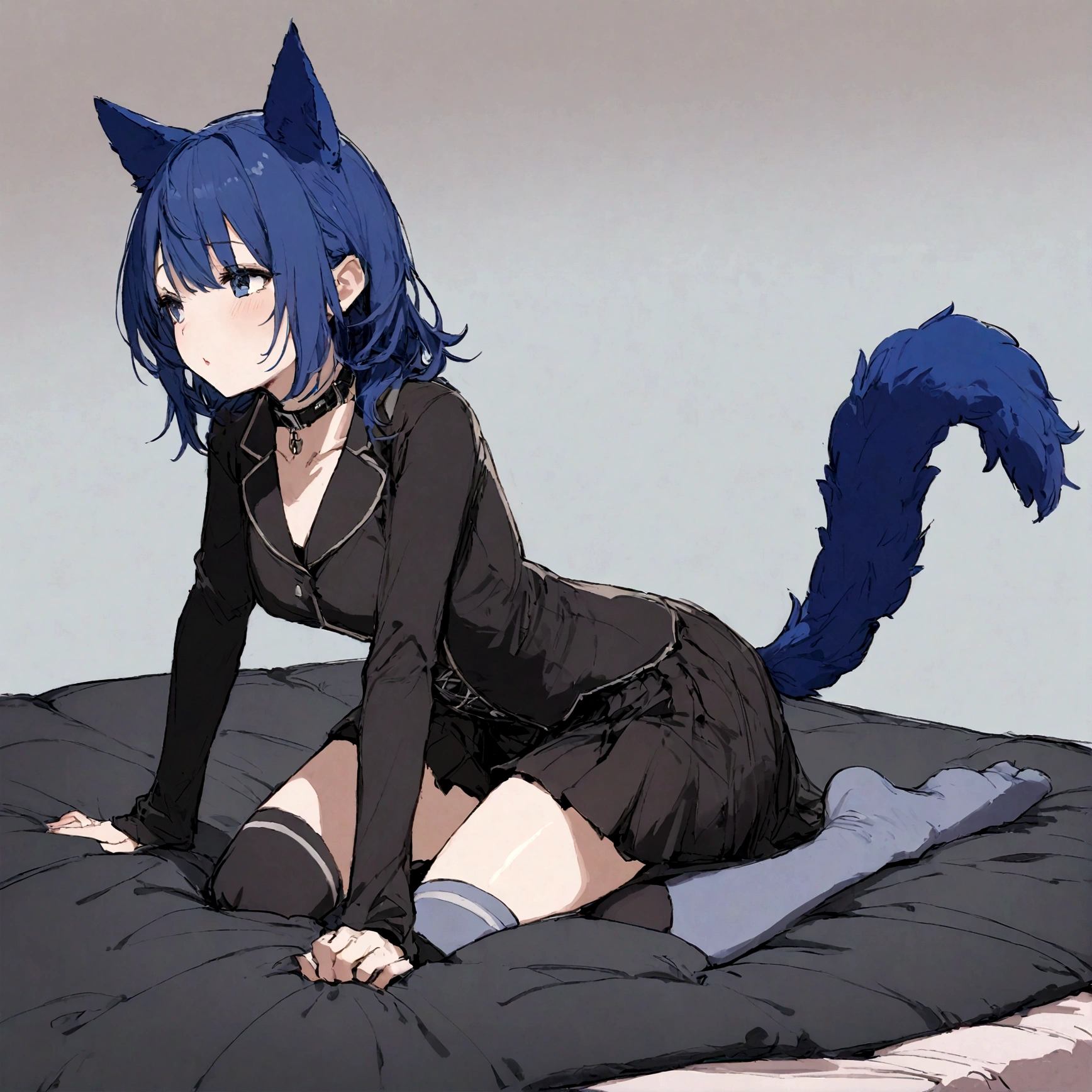 a sexy female with long blue hair, has forward flopping fuzzy puppy ears, has a puppy tail, wearing a black corset, wearing a black mini skirt, has a dark blue dog collar on, wearing cute thigh high socks, relaxing on knees, solo, alone, (SOLO)ALONE), no dogs, single girl, on knees, on a dog bed