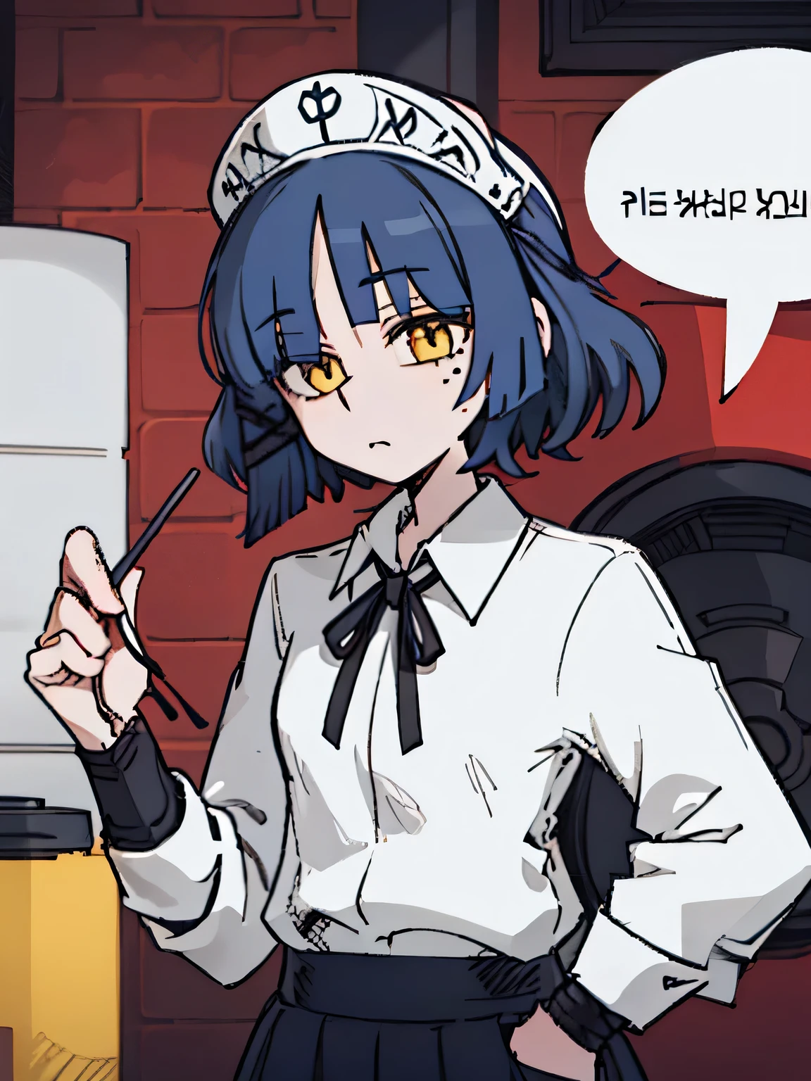 tall body, tall, long legs, mature female, mature, adult, EFT_mouth_Ryu, 1 woman, alone, mole, blue hair, mole under eye, Short hair, shirt, white shirt, looking at viewer, black ribbon, forehead, yellow eyes, collared shirt, ribbon, closed mouth, neck ribbon, portrait, expressionless, , Eyes through hair, headdress, , hairpin, upper body