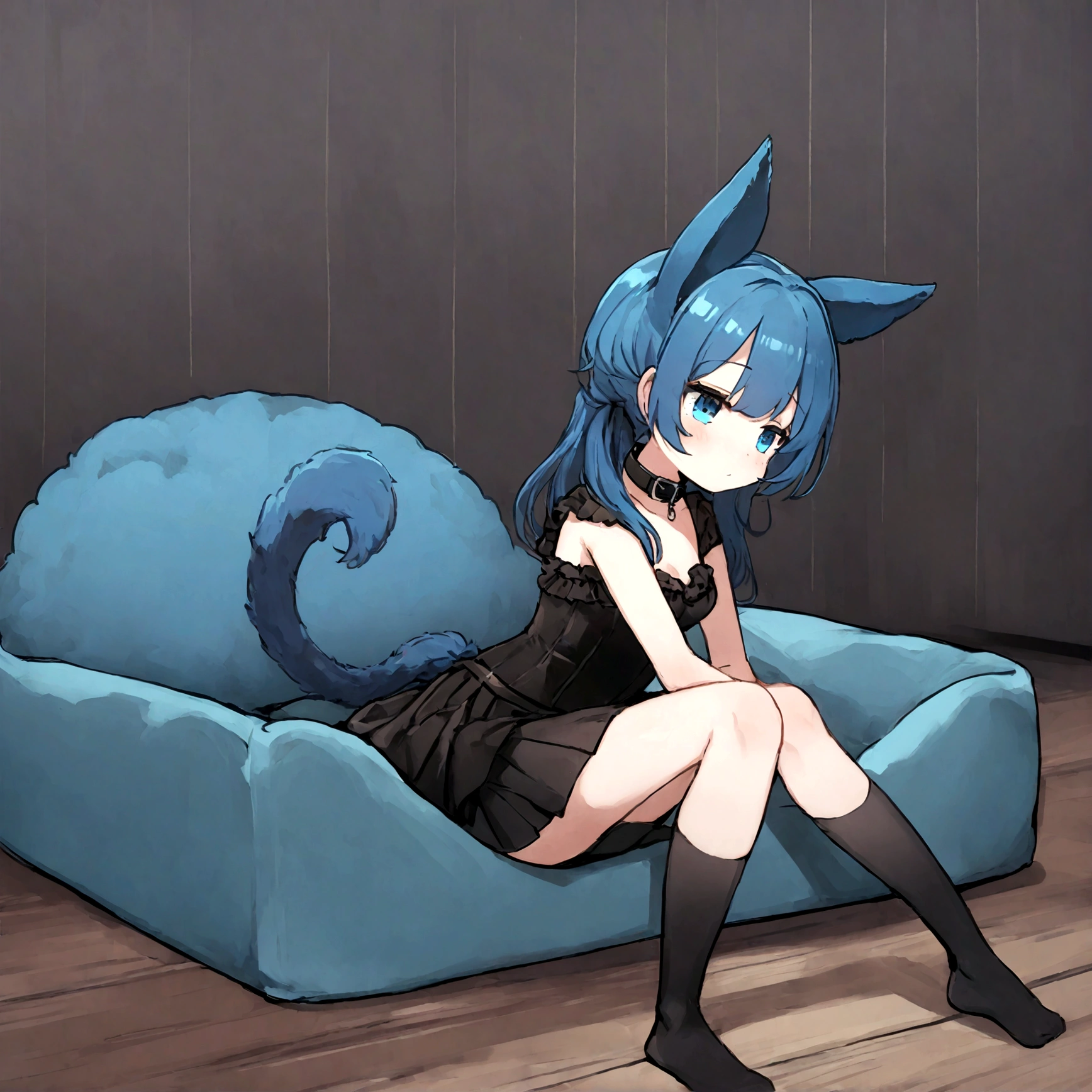 a sexy female with long blue hair, has forward flopping fuzzy puppy ears, has a puppy tail, wearing a black corset, wearing a black mini skirt, has a dark blue dog collar on, wearing cute thigh high socks, relaxing on knees, solo, alone, (SOLO)ALONE), no dogs, single girl, on knees, on a dog bed
