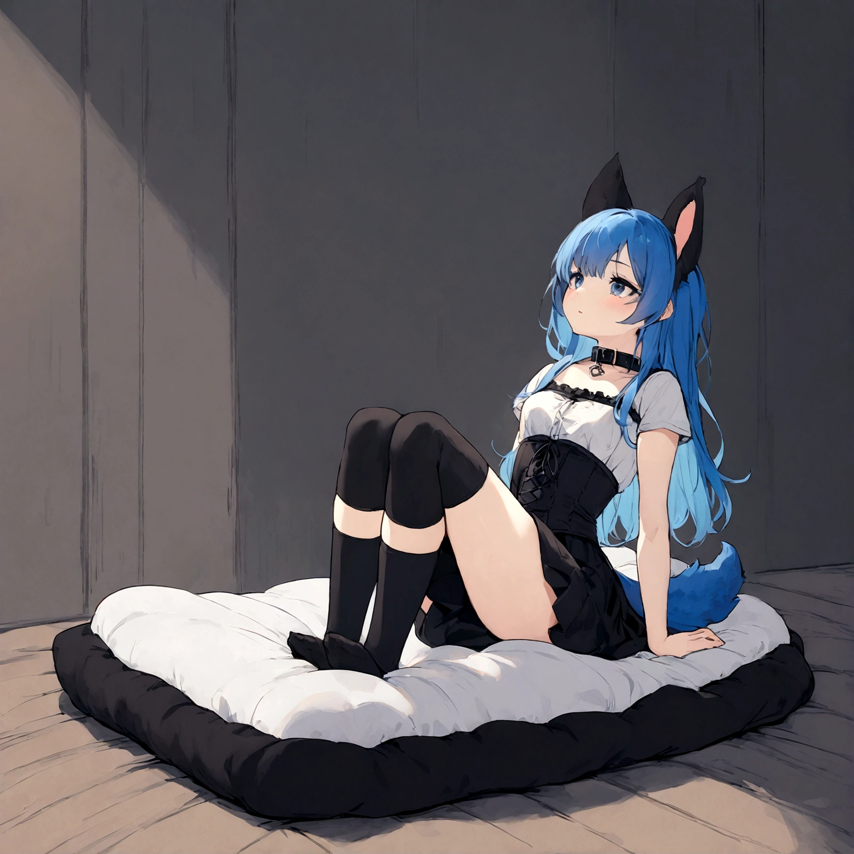 a sexy female with long blue hair, has forward flopping fuzzy puppy ears, has a puppy tail, wearing a black corset, wearing a black mini skirt, has a dark blue dog collar on, wearing cute thigh high socks, relaxing on knees, solo, alone, (SOLO)ALONE), no dogs, single girl, on knees, on a dog bed