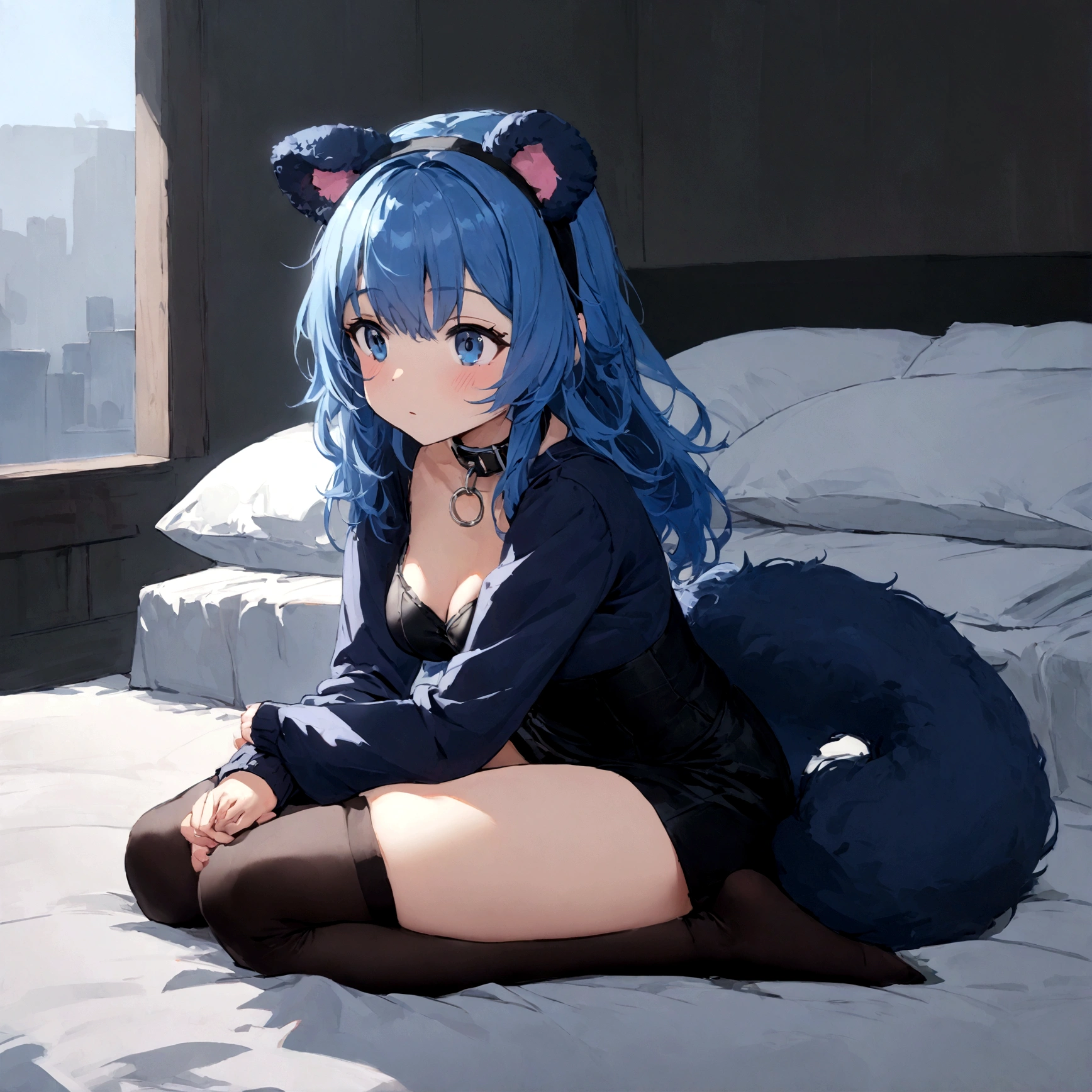 a sexy female with long blue hair, has forward flopping fuzzy puppy ears, has a puppy tail, wearing a black corset, wearing a black mini skirt, has a dark blue dog collar on, wearing cute thigh high socks, relaxing on knees, solo, alone, (SOLO)ALONE), no dogs, single girl, on knees, on a dog bed